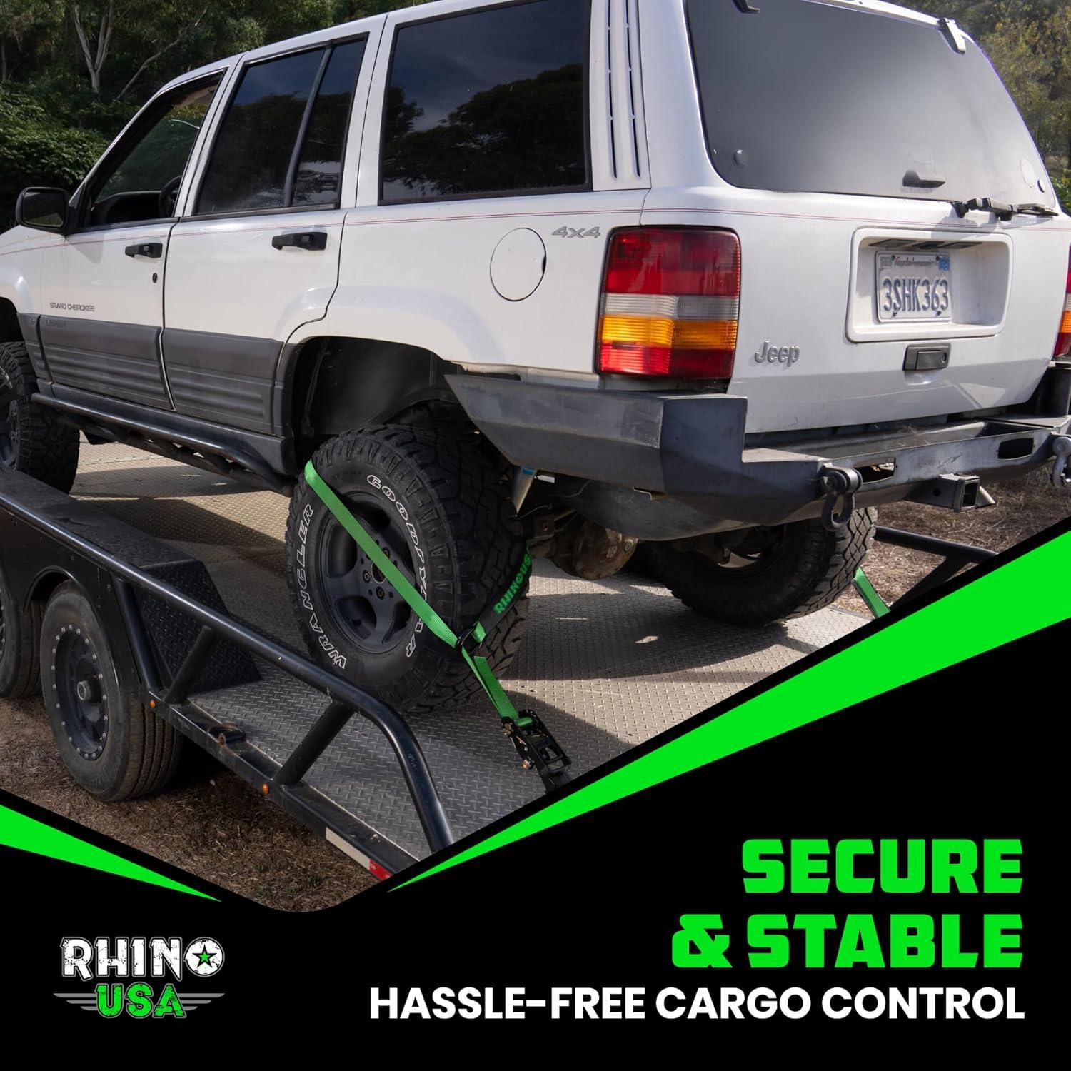 imageRhino USA Car Tie Down Straps with Flat Hooks  4 Pack 2quot x8  10000lbs Break Strength  Heavy Duty THandle Car Hauler Tire Lasso Wheel Straps for Trailers UTV ampamp Powersports  BlackGreen