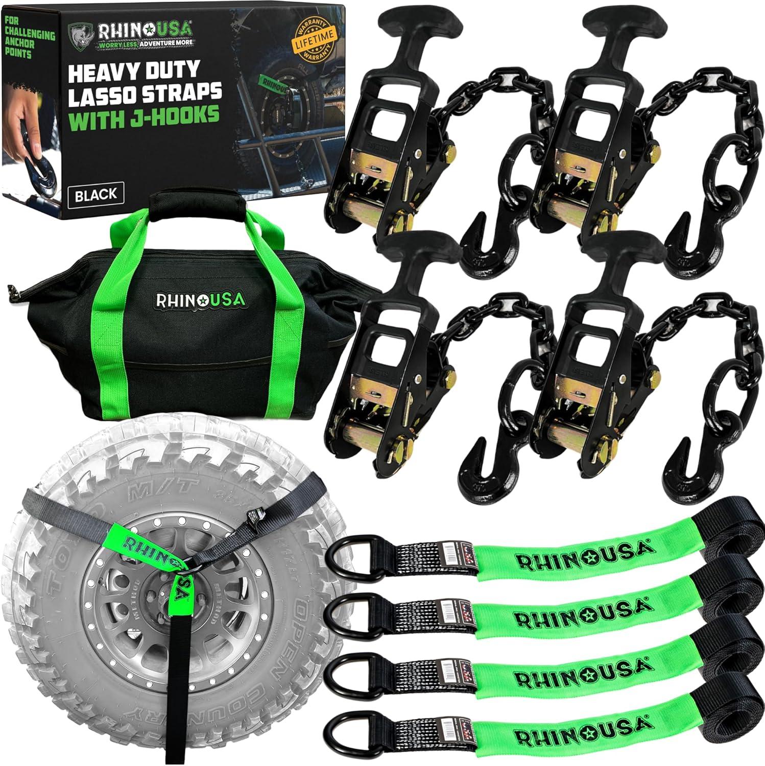 imageRhino USA Car Tie Down Straps with Flat Hooks  4 Pack 2quot x8  10000lbs Break Strength  Heavy Duty THandle Car Hauler Tire Lasso Wheel Straps for Trailers UTV ampamp Powersports  BlackBlack