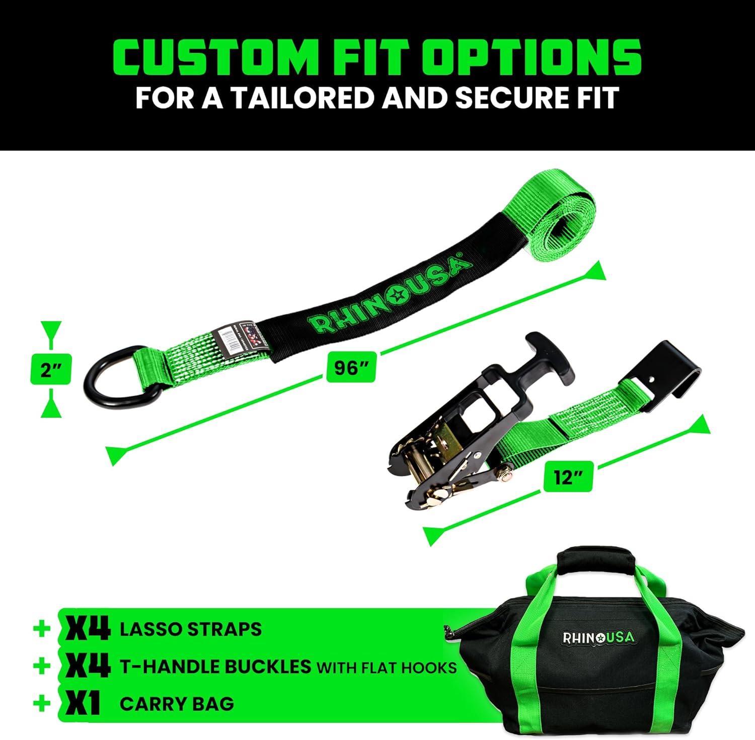 imageRhino USA Car Tie Down Straps with Flat Hooks  4 Pack 2quot x8  10000lbs Break Strength  Heavy Duty THandle Car Hauler Tire Lasso Wheel Straps for Trailers UTV ampamp Powersports  BlackGreen