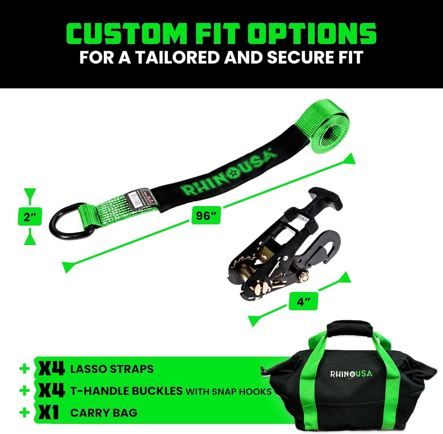 imageRhino USA Car Tie Down Straps with Flat Hooks  4 Pack 2quot x8  10000lbs Break Strength  Heavy Duty THandle Car Hauler Tire Lasso Wheel Straps for Trailers UTV ampamp Powersports  BlackGreen