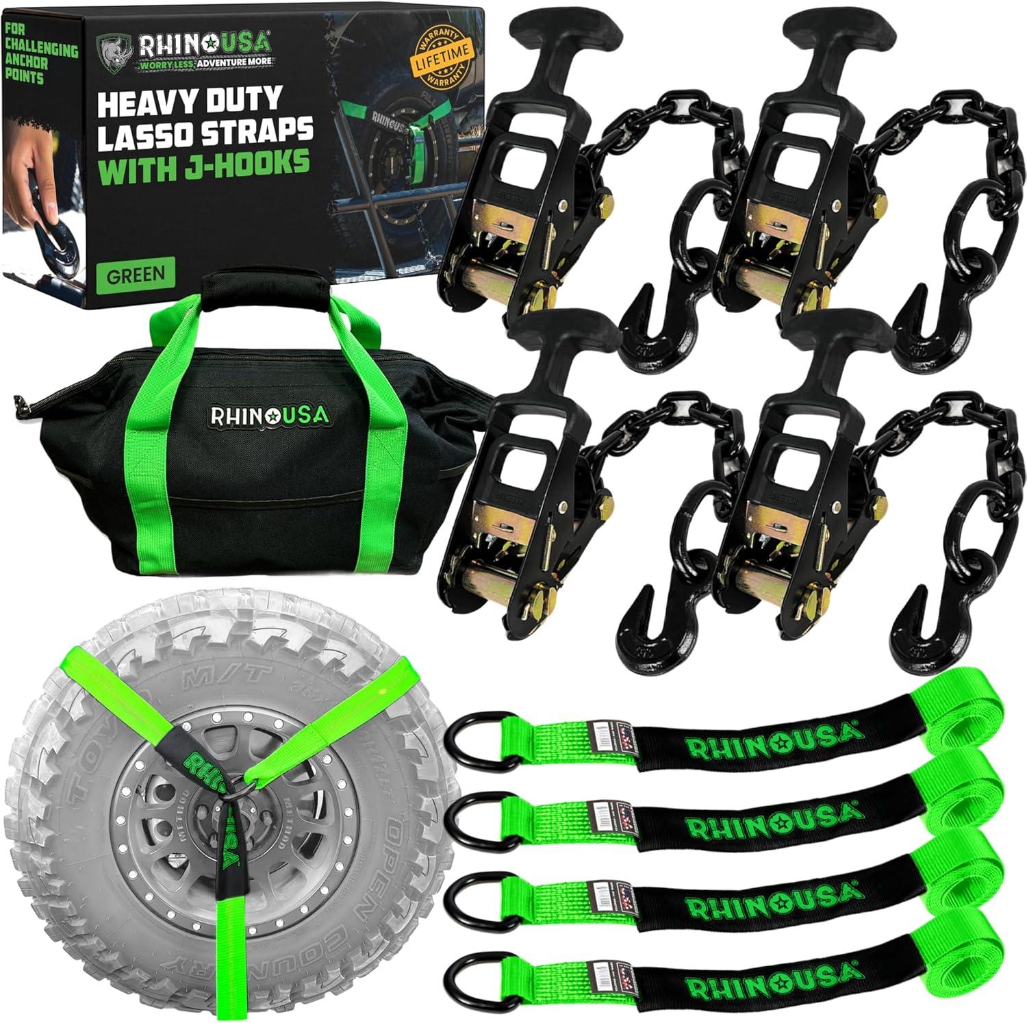 imageRhino USA Car Tie Down Straps with Flat Hooks  4 Pack 2quot x8  10000lbs Break Strength  Heavy Duty THandle Car Hauler Tire Lasso Wheel Straps for Trailers UTV ampamp Powersports  BlackGreen