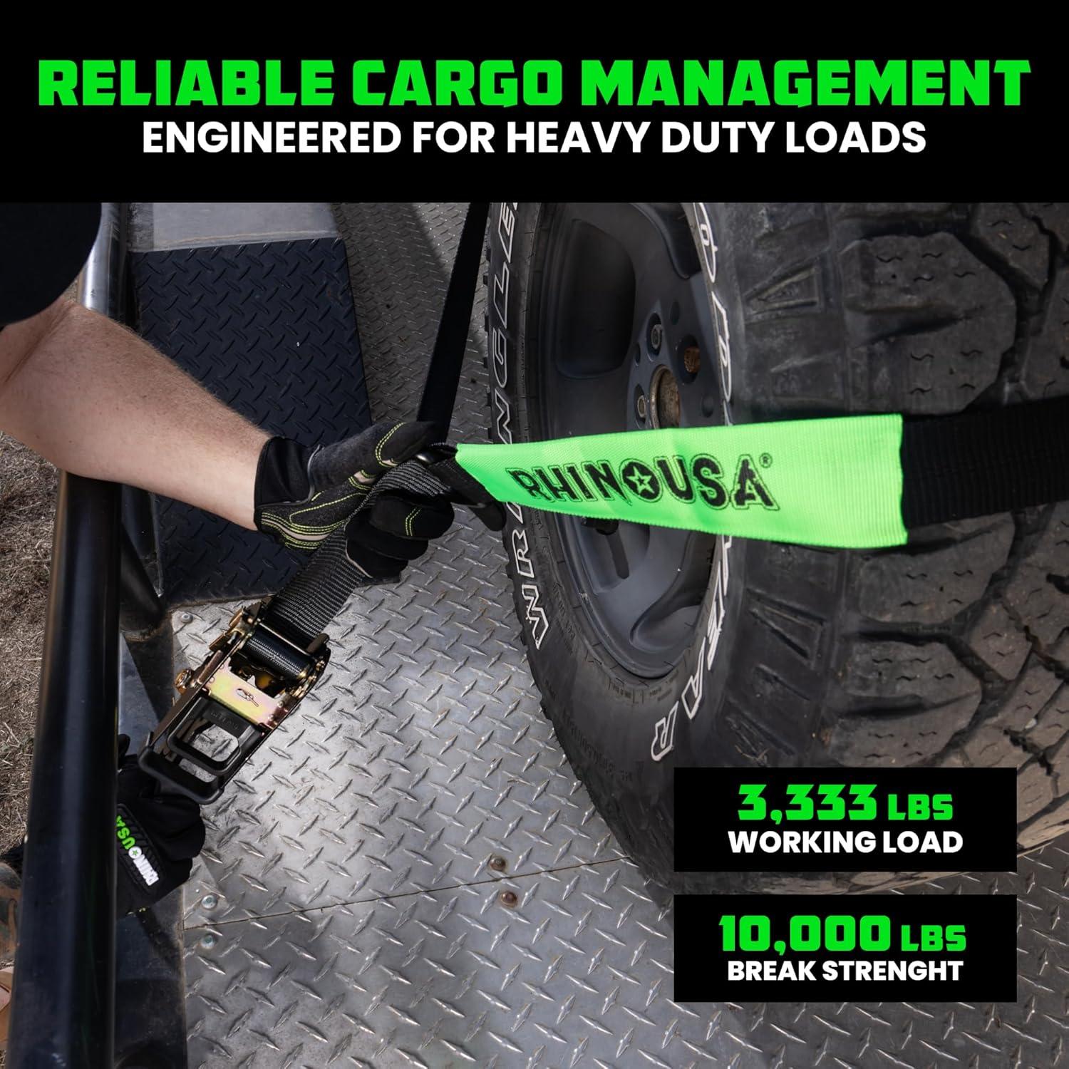 imageRhino USA Car Tie Down Straps with Flat Hooks  4 Pack 2quot x8  10000lbs Break Strength  Heavy Duty THandle Car Hauler Tire Lasso Wheel Straps for Trailers UTV ampamp Powersports  BlackBlack