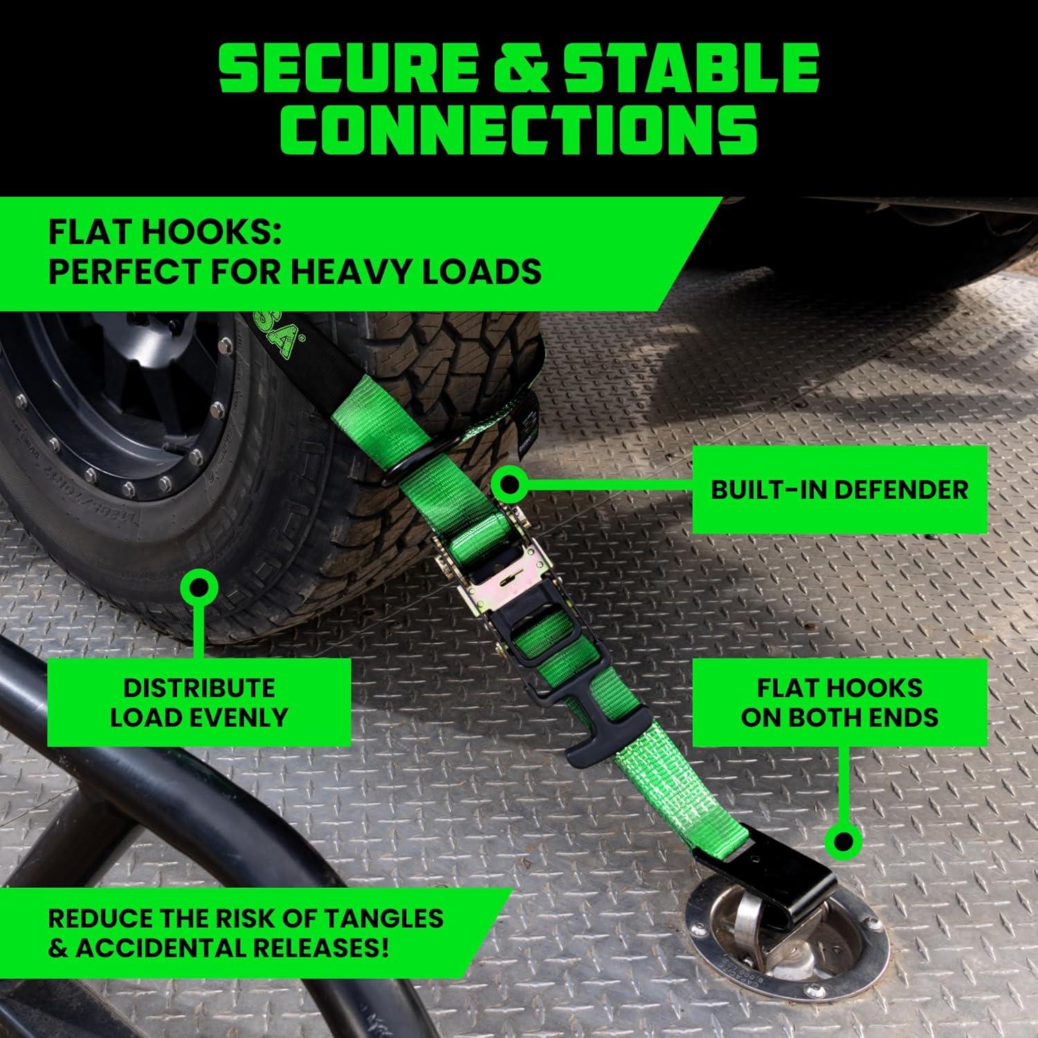 imageRhino USA Car Tie Down Straps with Flat Hooks  4 Pack 2quot x8  10000lbs Break Strength  Heavy Duty THandle Car Hauler Tire Lasso Wheel Straps for Trailers UTV ampamp Powersports  BlackGreen