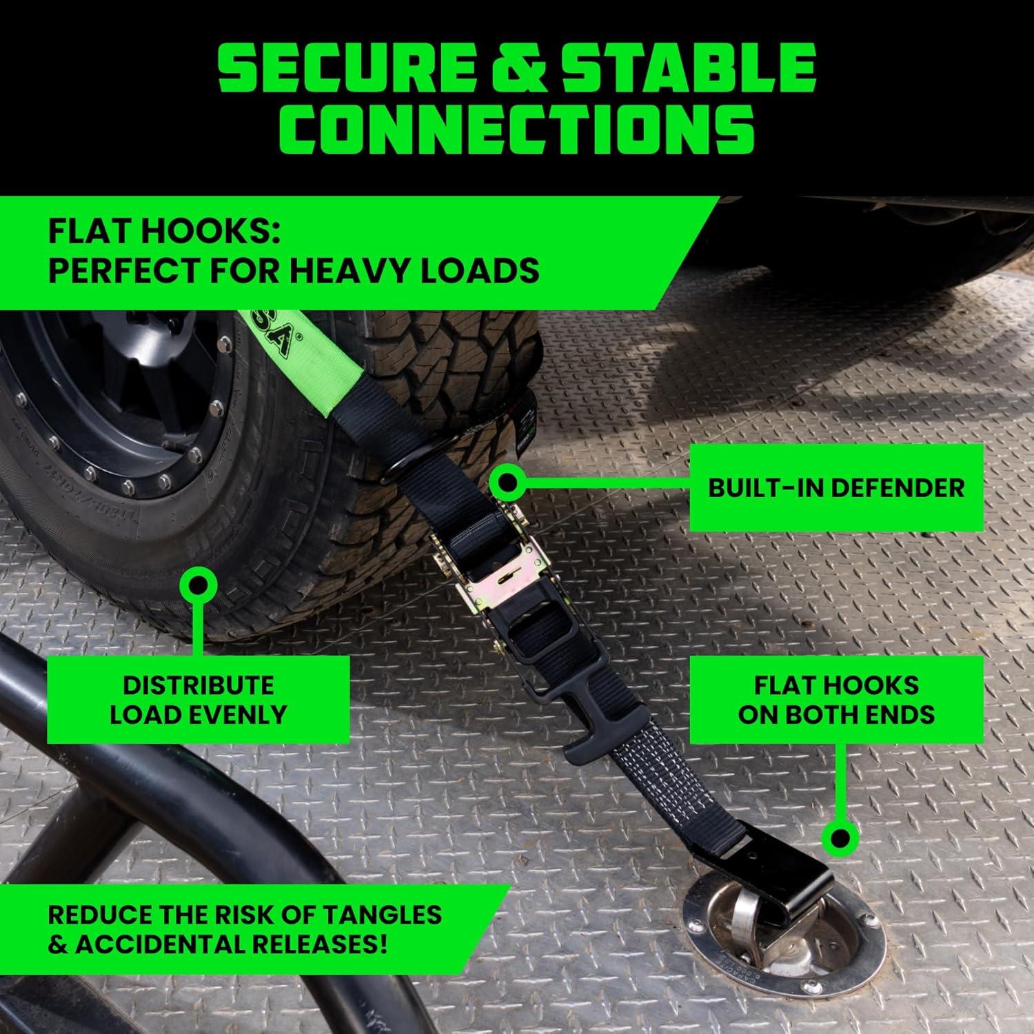 imageRhino USA Car Tie Down Straps with Flat Hooks  4 Pack 2quot x8  10000lbs Break Strength  Heavy Duty THandle Car Hauler Tire Lasso Wheel Straps for Trailers UTV ampamp Powersports  BlackBlack