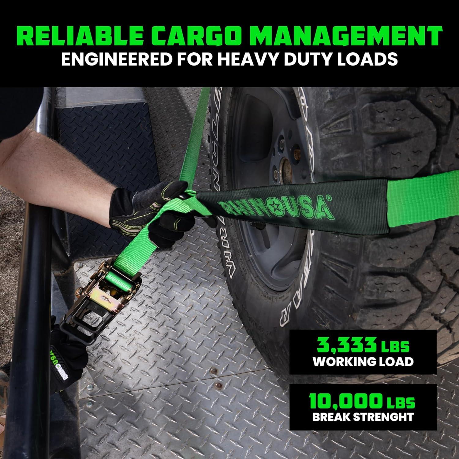 imageRhino USA Car Tie Down Straps with Flat Hooks  4 Pack 2quot x8  10000lbs Break Strength  Heavy Duty THandle Car Hauler Tire Lasso Wheel Straps for Trailers UTV ampamp Powersports  BlackGreen
