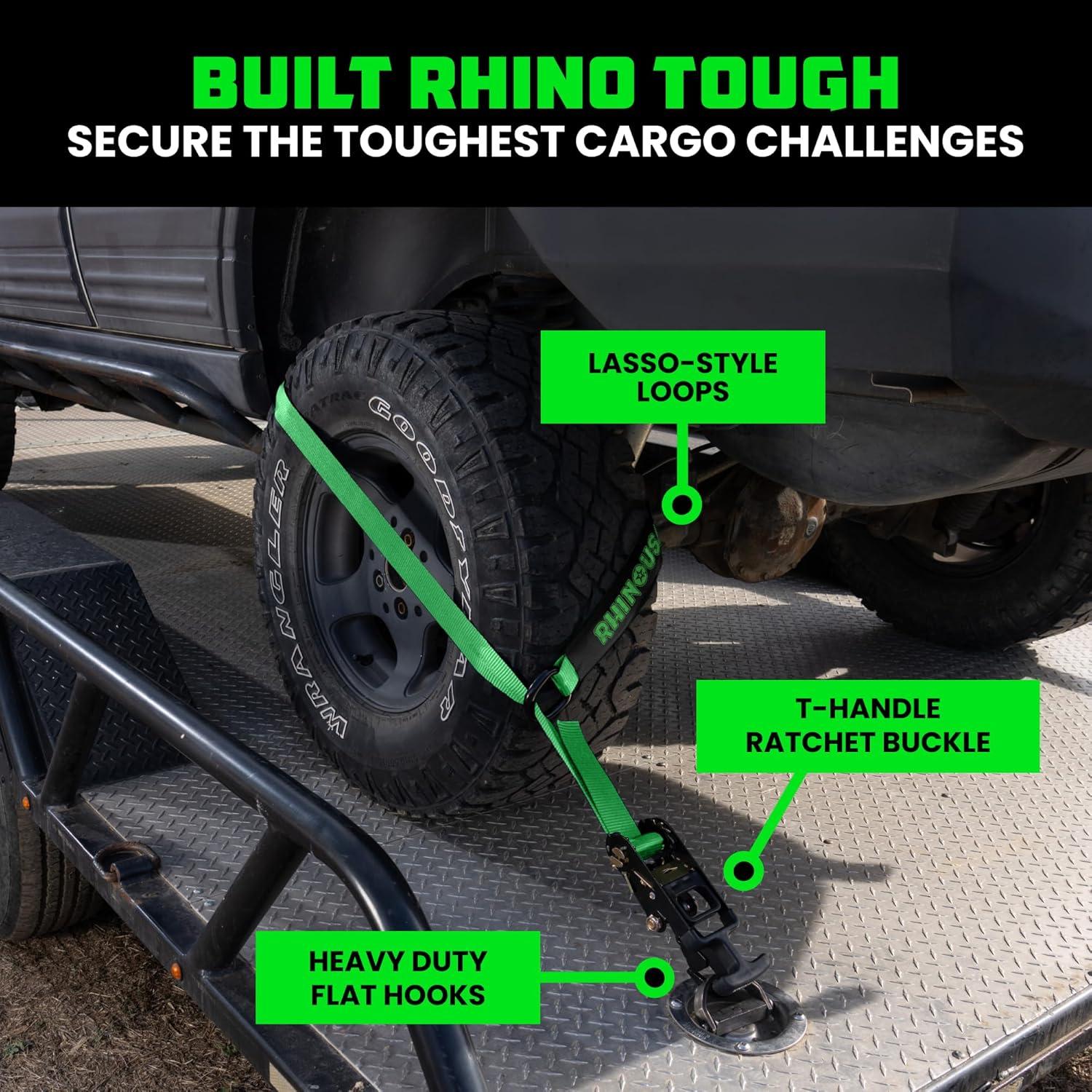 imageRhino USA Car Tie Down Straps with Flat Hooks  4 Pack 2quot x8  10000lbs Break Strength  Heavy Duty THandle Car Hauler Tire Lasso Wheel Straps for Trailers UTV ampamp Powersports  BlackGreen