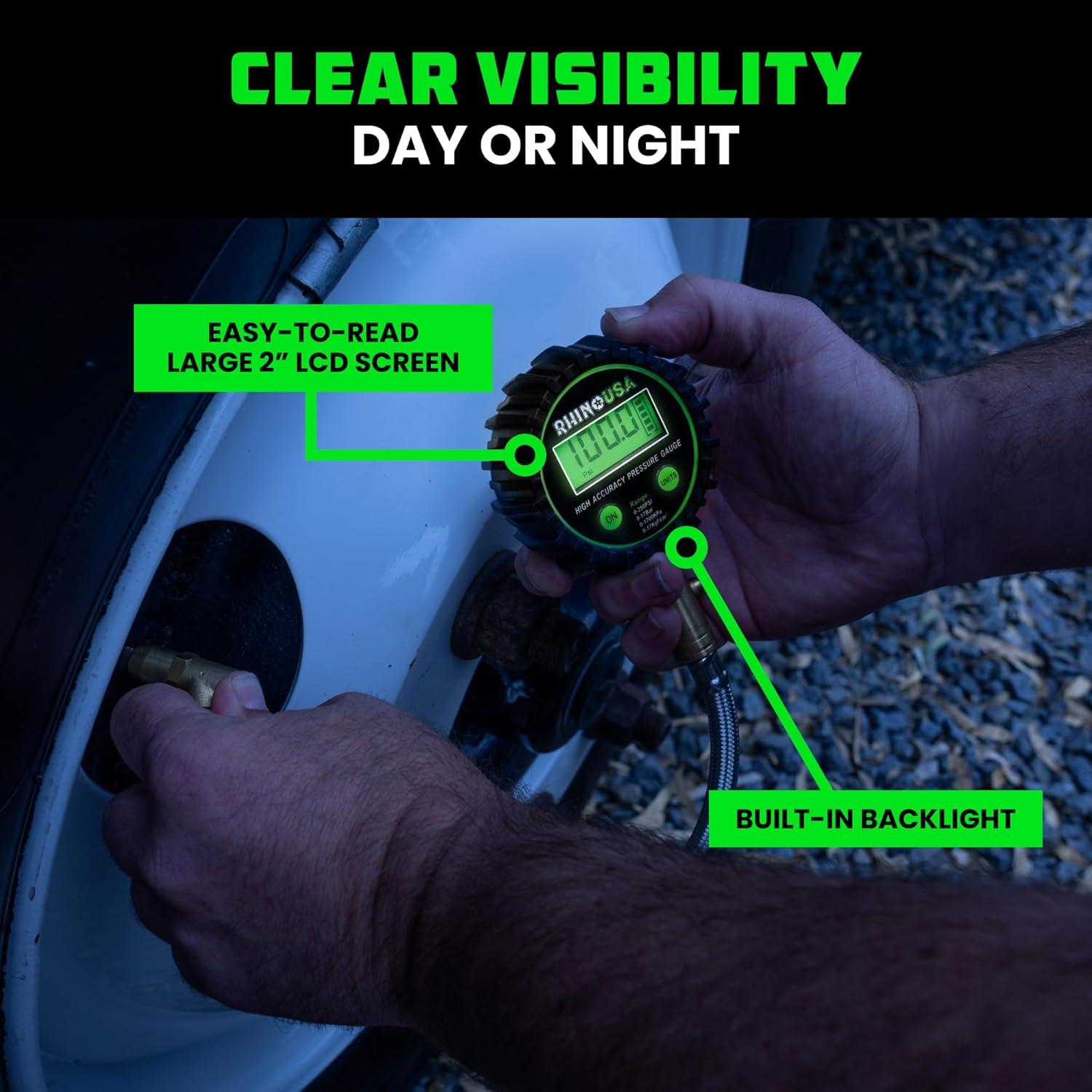 imageRhino USA Digital Tire Pressure Gauge 0250 PSI  Professional ANSI B407 Accurate Easy Read Glow Dial Premium Braided Hose  Heavy Duty Air Guage for Truck Tires Cars Semi RV ampamp More