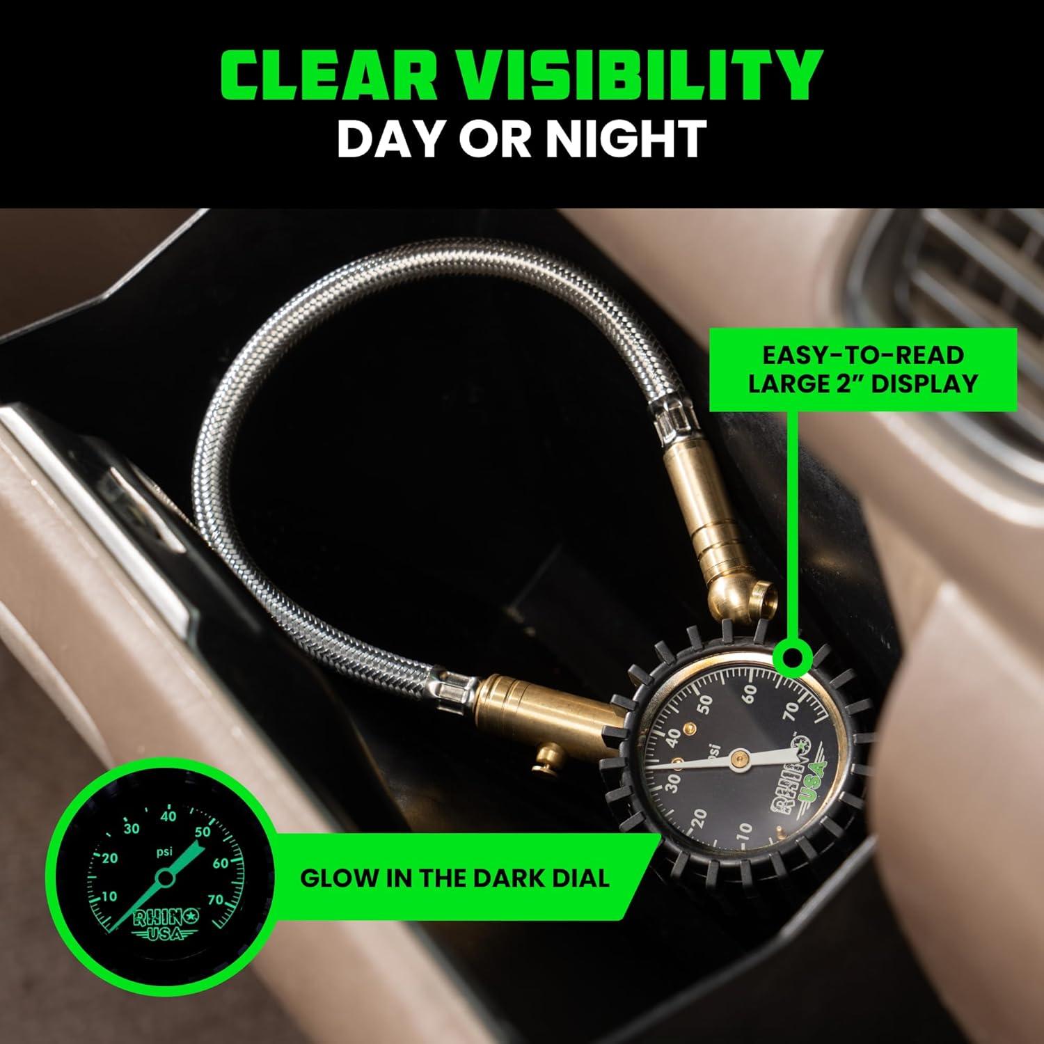 imageRhino USA Heavy Duty Tire Pressure Gauge 075 PSI  Certified ANSI B401 Accurate Large 2quot Easy Read Glow Dial Premium Braided Hose Solid Brass Hardware Best for Any Car Truck Motorcycle RV75 PSI Compact