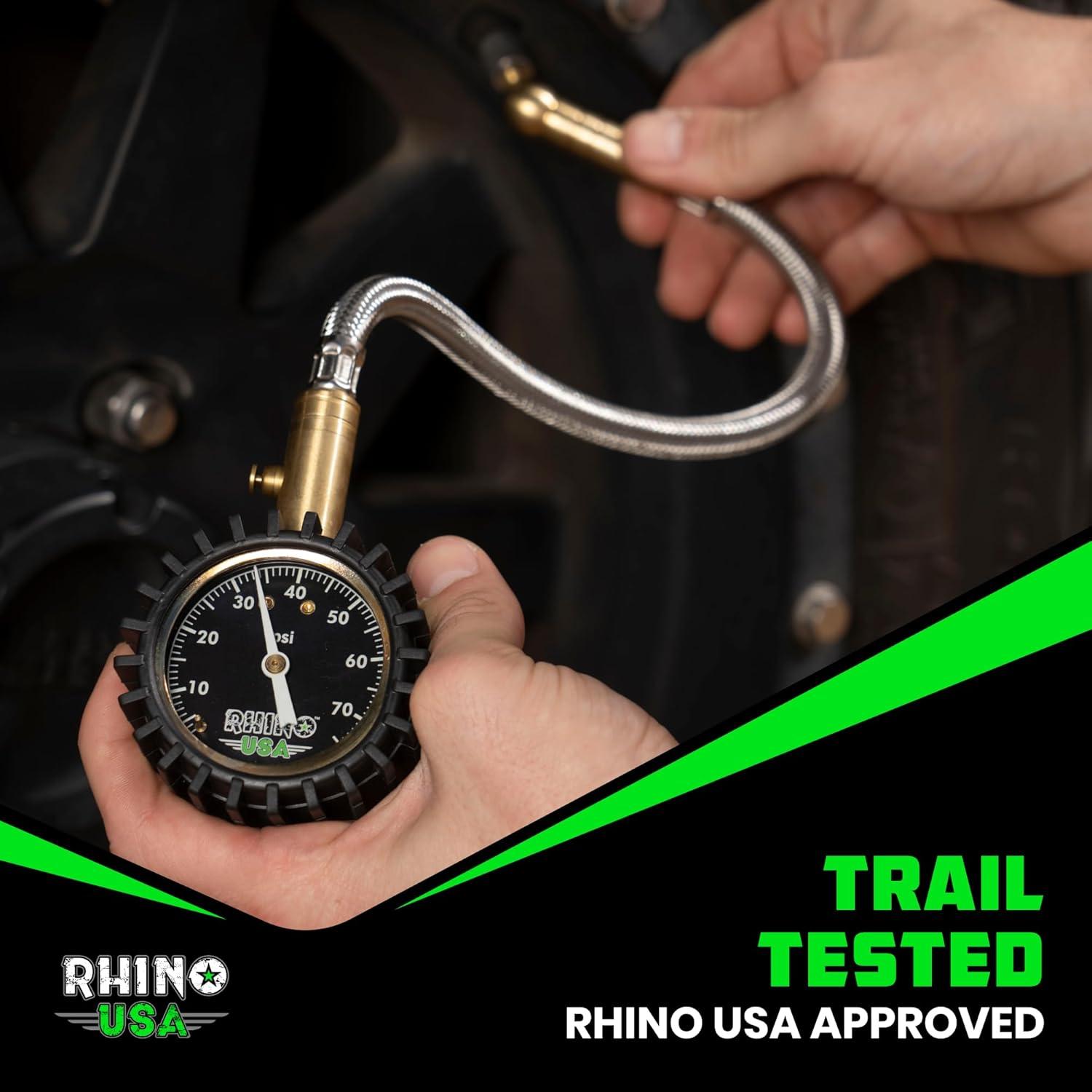imageRhino USA Heavy Duty Tire Pressure Gauge 075 PSI  Certified ANSI B401 Accurate Large 2quot Easy Read Glow Dial Premium Braided Hose Solid Brass Hardware Best for Any Car Truck Motorcycle RV75 PSI Compact