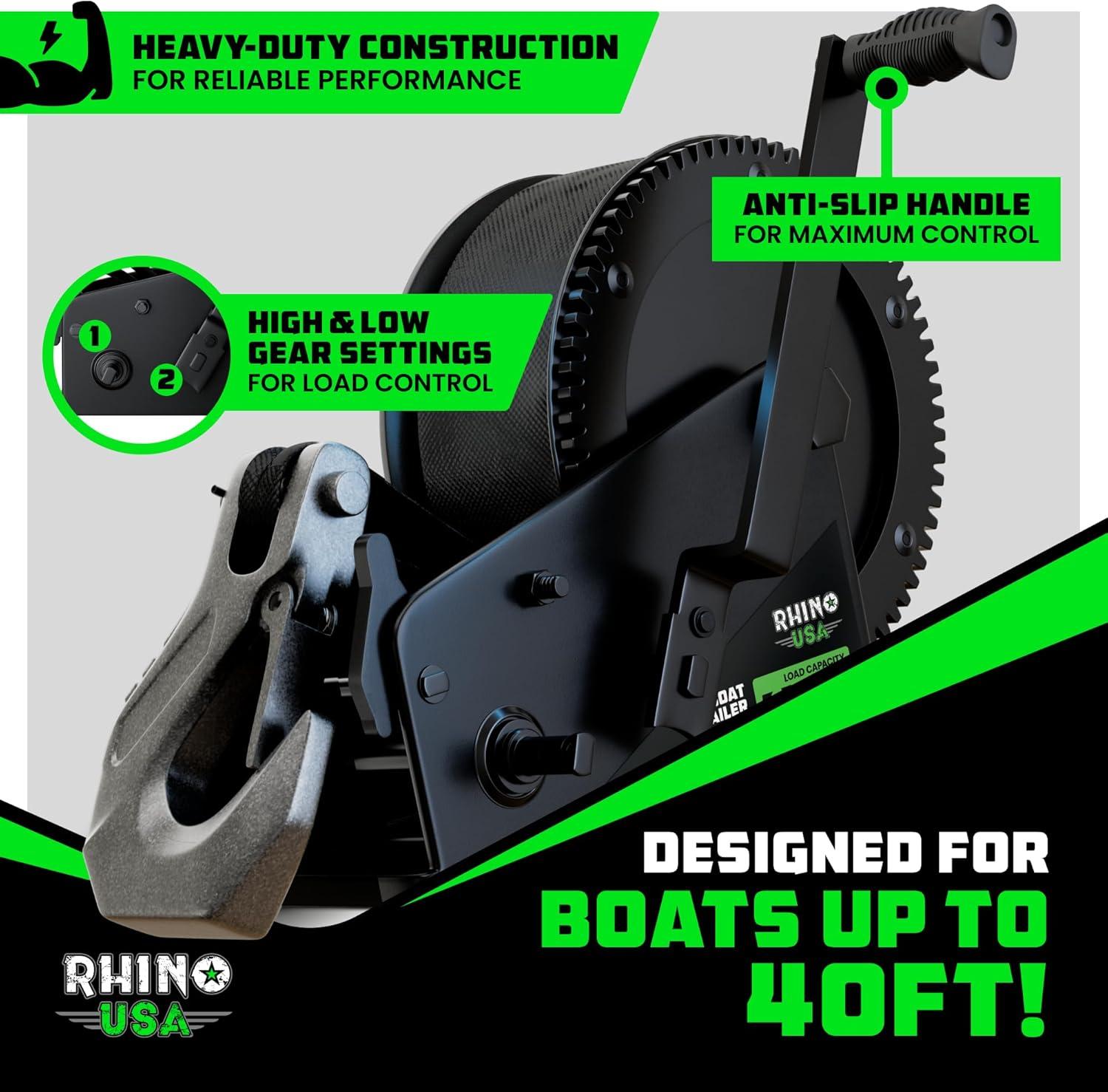 imageRhino USA HeavyDuty Boat Trailer Winch with Crank Handle  Boat Winch Strap with Hook  CorrosionResistant  Ideal Boat Accessories for Bass Boat Jet Ski Pontoon BoatBlack