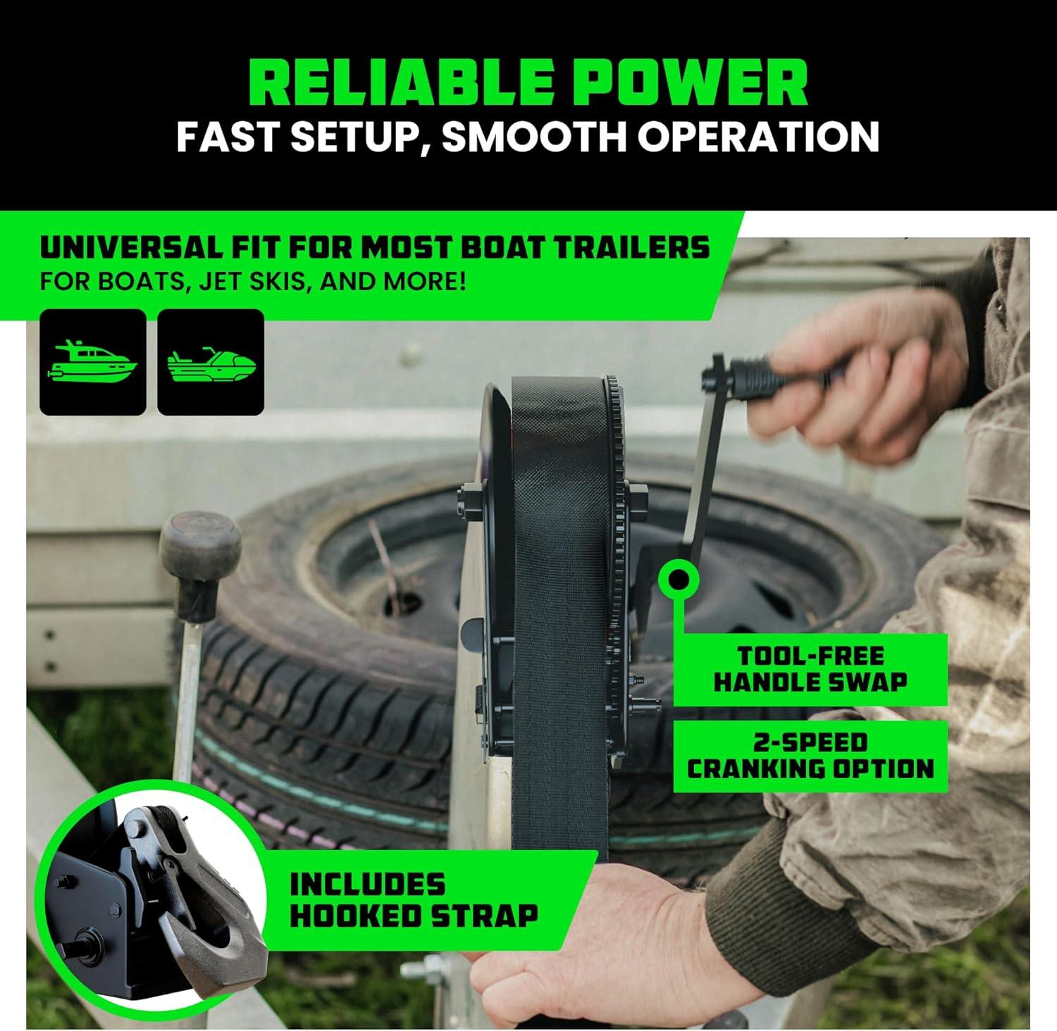 imageRhino USA HeavyDuty Boat Trailer Winch with Crank Handle  Boat Winch Strap with Hook  CorrosionResistant  Ideal Boat Accessories for Bass Boat Jet Ski Pontoon BoatBlack