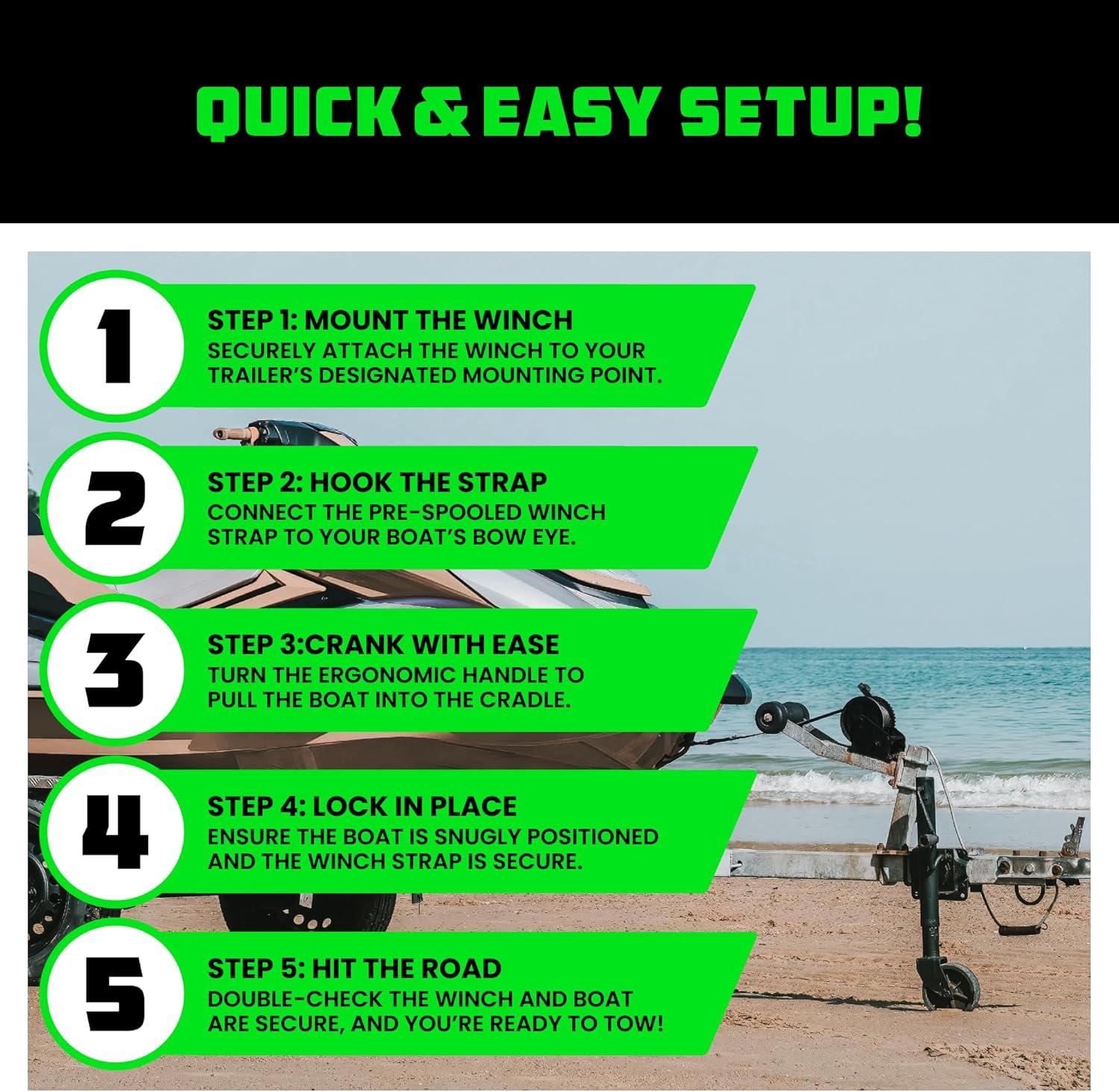 imageRhino USA HeavyDuty Boat Trailer Winch with Crank Handle  Boat Winch Strap with Hook  CorrosionResistant  Ideal Boat Accessories for Bass Boat Jet Ski Pontoon BoatBlack