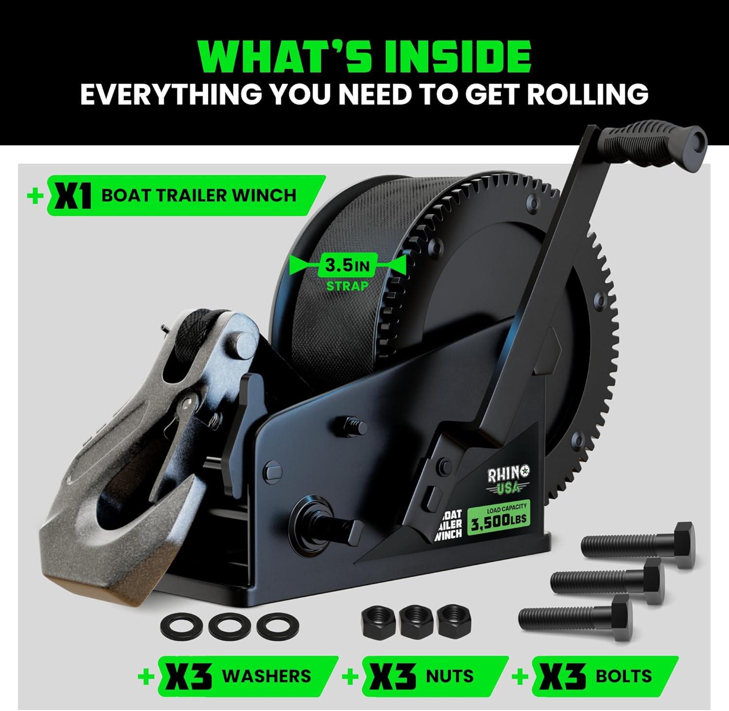 imageRhino USA HeavyDuty Boat Trailer Winch with Crank Handle  Boat Winch Strap with Hook  CorrosionResistant  Ideal Boat Accessories for Bass Boat Jet Ski Pontoon BoatBlack