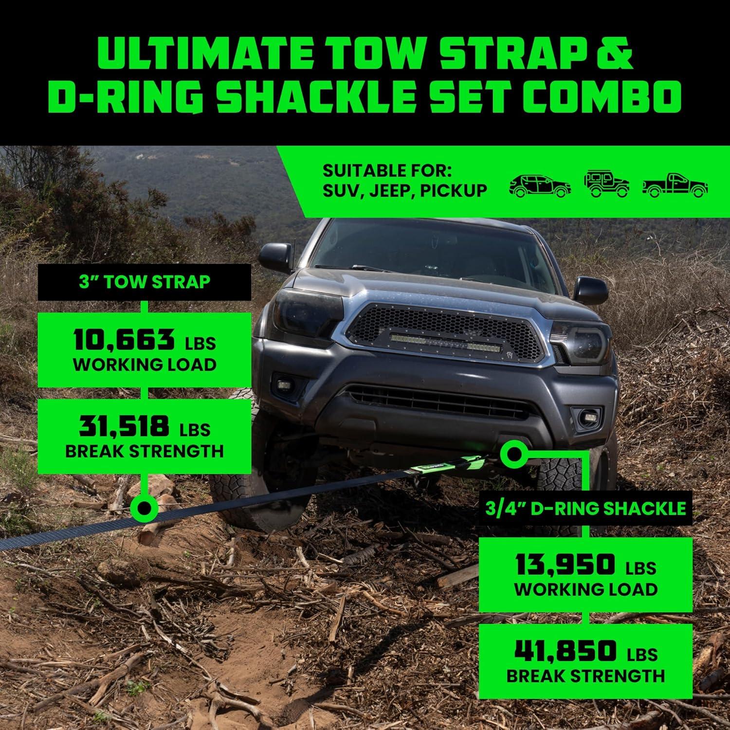 imageRhino USA HeavyDuty Recovery Gear Combos OffRoad Truck Vehicle Recovery Best Offroad Towing Accessories  Backed for Life 20 Strap  Shackles20 Strap  Shackles