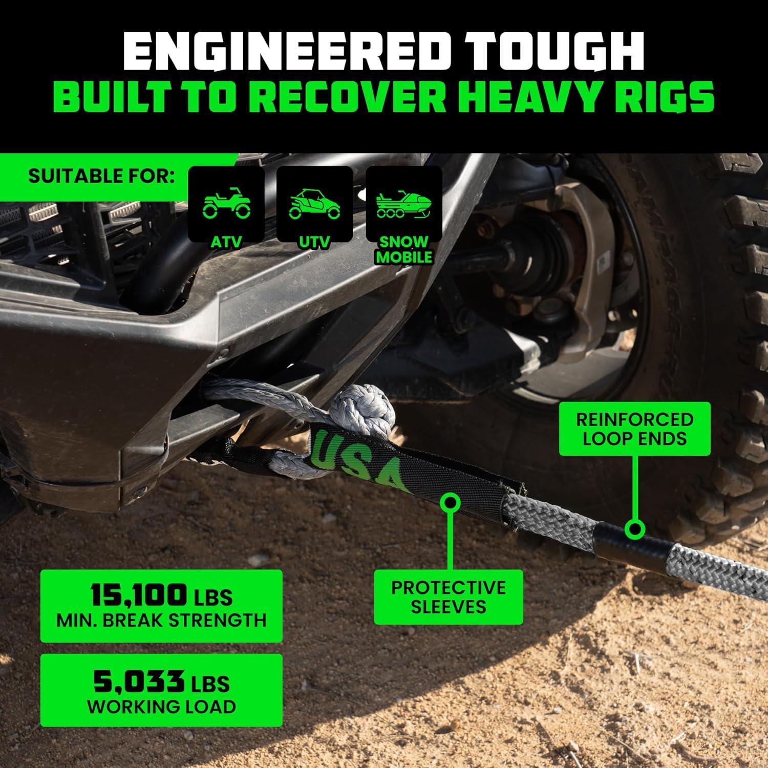 imageRhino USA Kinetic Recovery Tow Rope Heavy Duty Offroad Snatch Strap for UTV ATV Truck Car Tractor  Ultimate Elastic Straps Towing Gear  Backed for Life 1quot x 30 GreenGray