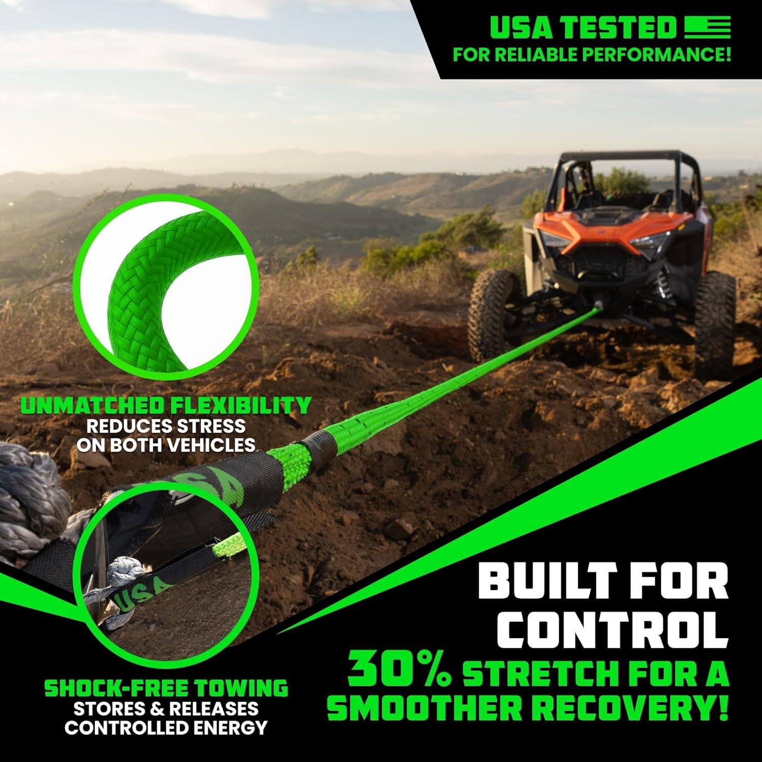 imageRhino USA Kinetic Recovery Tow Rope Heavy Duty Offroad Snatch Strap for UTV ATV Truck Car Tractor  Ultimate Elastic Straps Towing Gear  Backed for Life 1quot x 30 GreenGreen