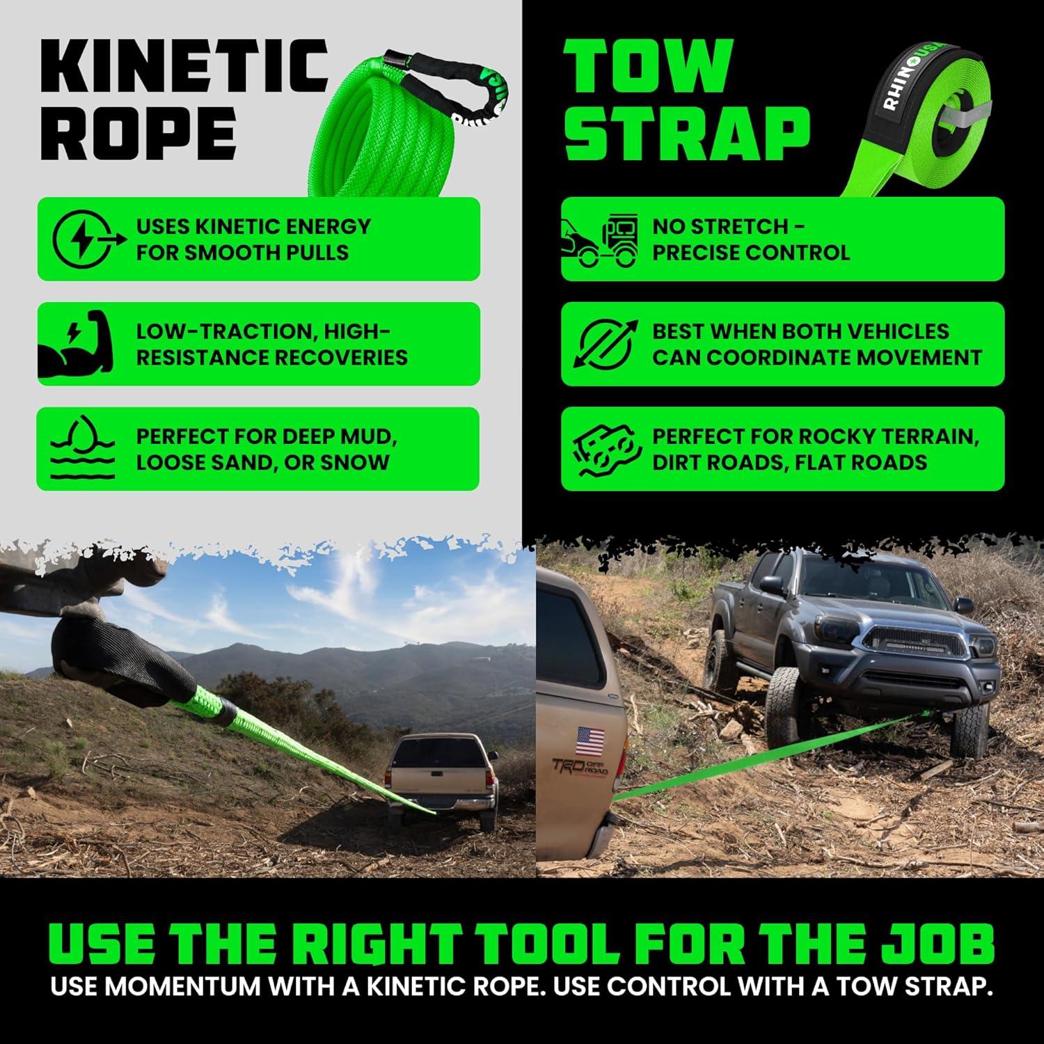 imageRhino USA Kinetic Recovery Tow Rope Heavy Duty Offroad Snatch Strap for UTV ATV Truck Car Tractor  Ultimate Elastic Straps Towing Gear  Backed for Life 1quot x 30 GreenBlack
