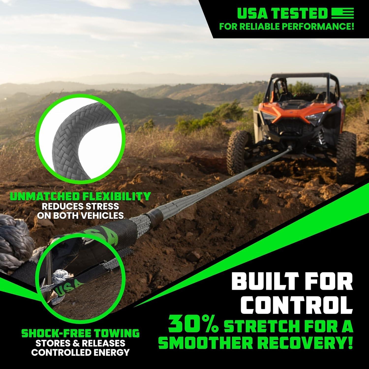 imageRhino USA Kinetic Recovery Tow Rope Heavy Duty Offroad Snatch Strap for UTV ATV Truck Car Tractor  Ultimate Elastic Straps Towing Gear  Backed for Life 1quot x 30 GreenGray