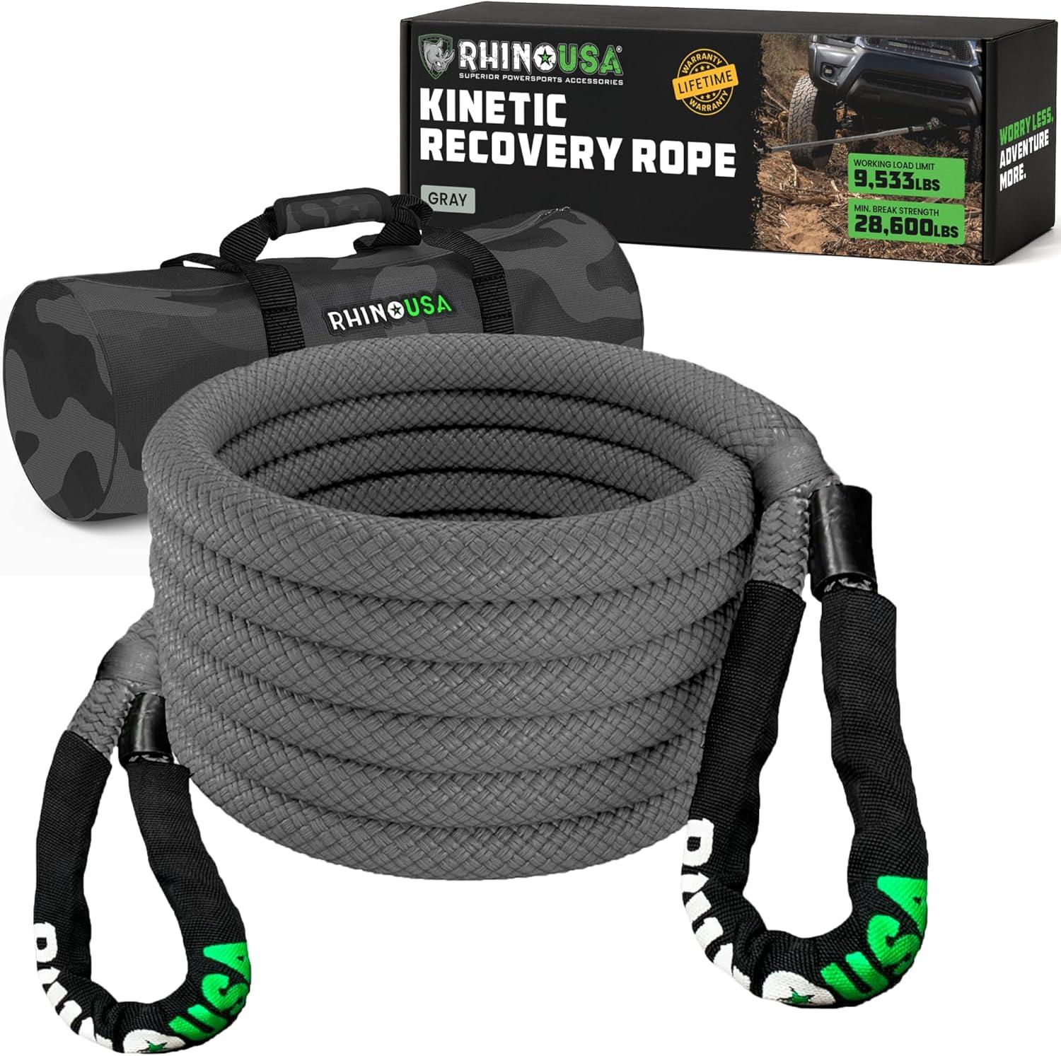 imageRhino USA Kinetic Recovery Tow Rope Heavy Duty Offroad Snatch Strap for UTV ATV Truck Car Tractor  Ultimate Elastic Straps Towing Gear  Backed for Life 1quot x 30 GreenGray