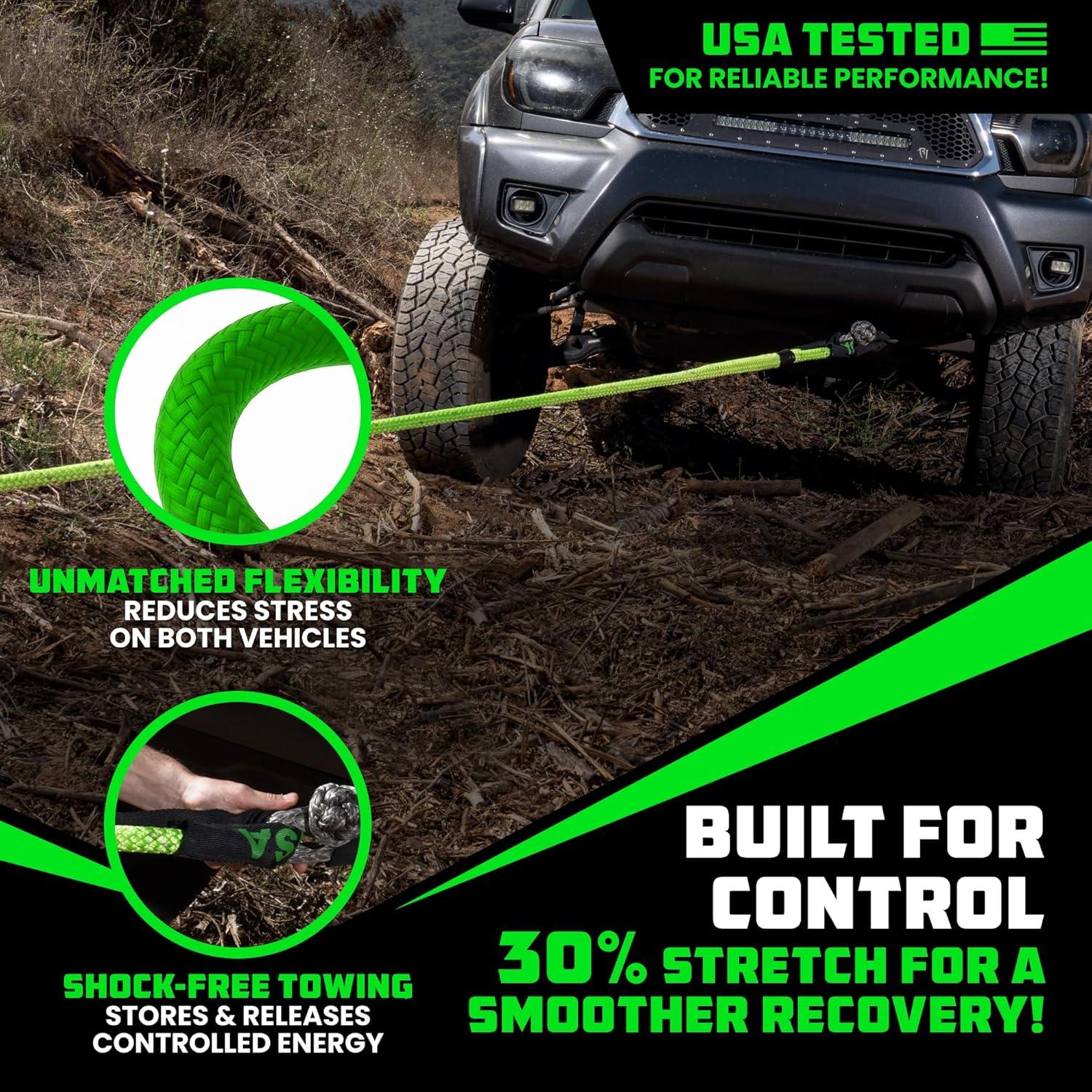 imageRhino USA Kinetic Recovery Tow Rope Heavy Duty Offroad Snatch Strap for UTV ATV Truck Car Tractor  Ultimate Elastic Straps Towing Gear  Backed for Life 1quot x 30 GreenGreen