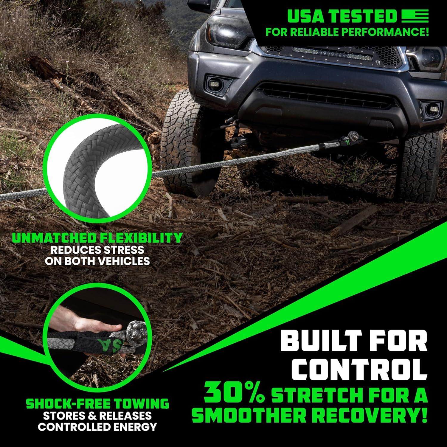 imageRhino USA Kinetic Recovery Tow Rope Heavy Duty Offroad Snatch Strap for UTV ATV Truck Car Tractor  Ultimate Elastic Straps Towing Gear  Backed for Life 1quot x 30 GreenGray