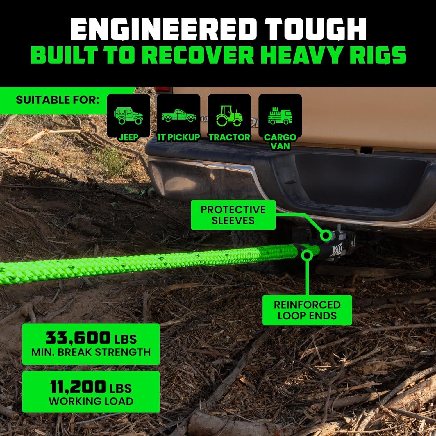 imageRhino USA Kinetic Recovery Tow Rope Heavy Duty Offroad Snatch Strap for UTV ATV Truck Car Tractor  Ultimate Elastic Straps Towing Gear  Backed for Life 1quot x 30 GreenGreen