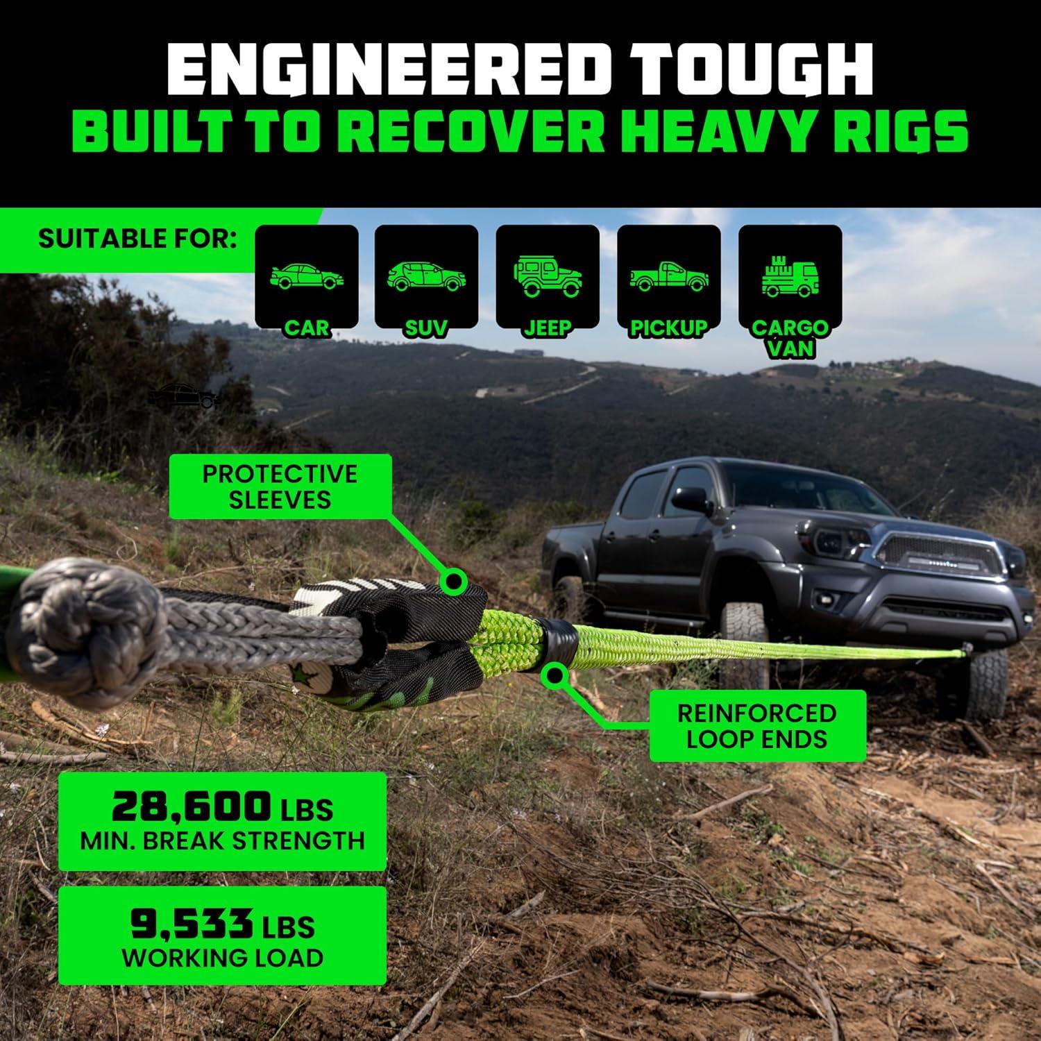 imageRhino USA Kinetic Recovery Tow Rope Heavy Duty Offroad Snatch Strap for UTV ATV Truck Car Tractor  Ultimate Elastic Straps Towing Gear  Backed for Life 1quot x 30 GreenGreen