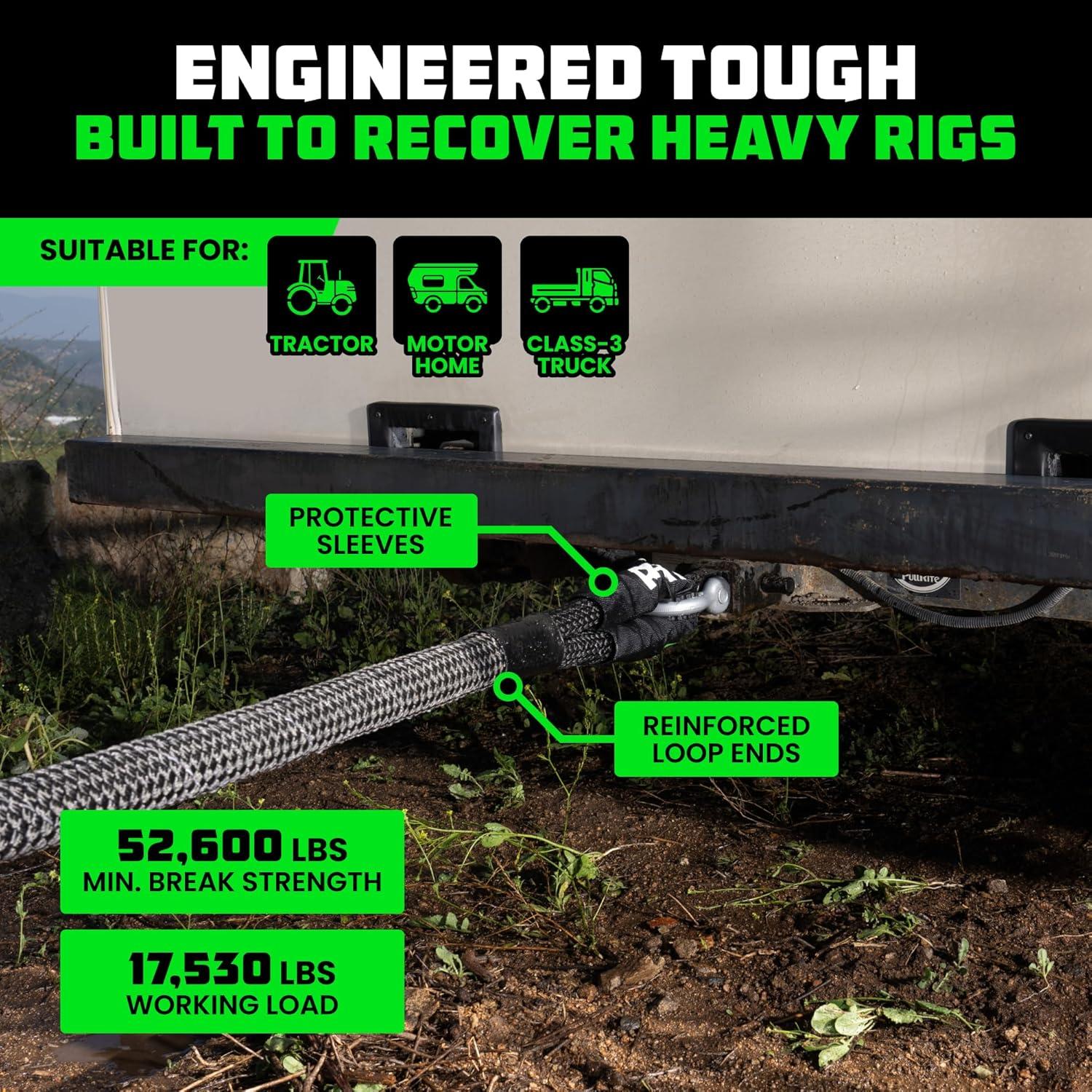 imageRhino USA Kinetic Recovery Tow Rope Heavy Duty Offroad Snatch Strap for UTV ATV Truck Car Tractor  Ultimate Elastic Straps Towing Gear  Backed for Life 1quot x 30 GreenBlack