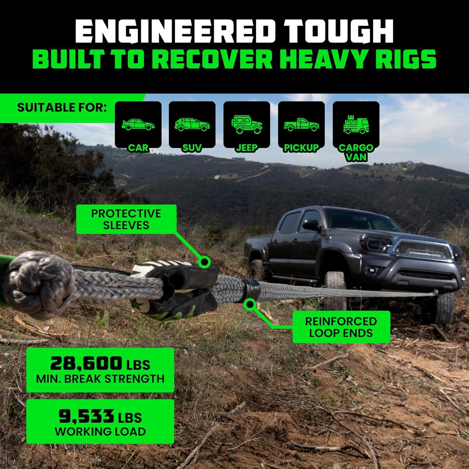 imageRhino USA Kinetic Recovery Tow Rope Heavy Duty Offroad Snatch Strap for UTV ATV Truck Car Tractor  Ultimate Elastic Straps Towing Gear  Backed for Life 1quot x 30 GreenGray