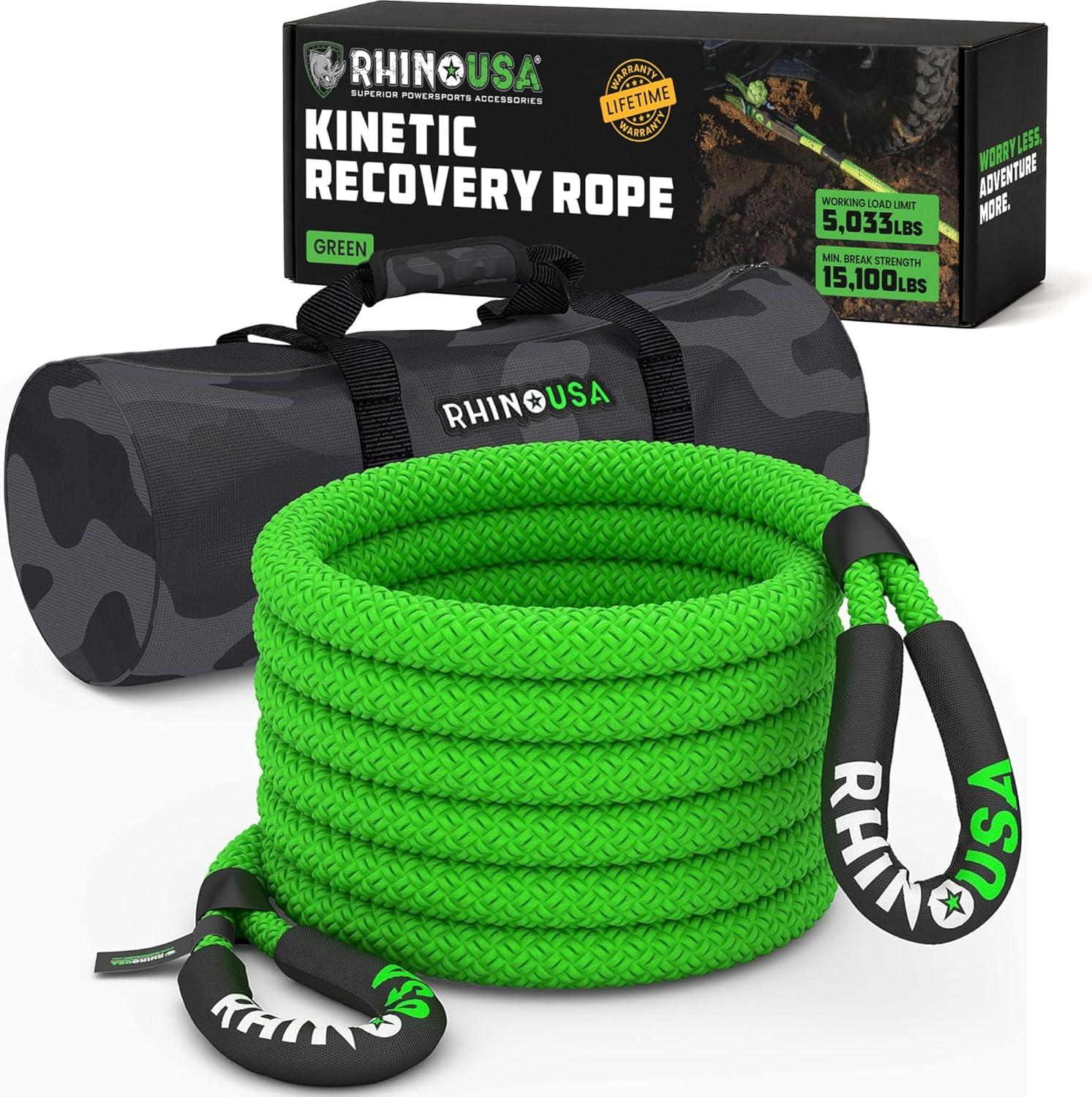 imageRhino USA Kinetic Recovery Tow Rope Heavy Duty Offroad Snatch Strap for UTV ATV Truck Car Tractor  Ultimate Elastic Straps Towing Gear  Backed for Life 1quot x 30 GreenGreen