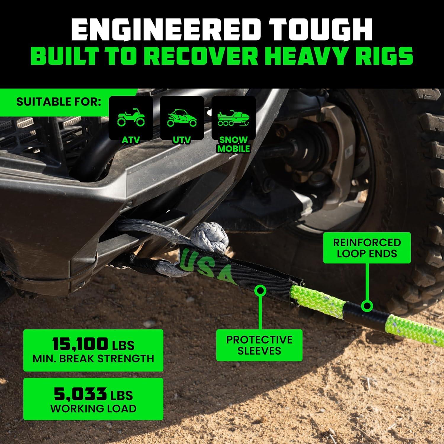 imageRhino USA Kinetic Recovery Tow Rope Heavy Duty Offroad Snatch Strap for UTV ATV Truck Car Tractor  Ultimate Elastic Straps Towing Gear  Backed for Life 1quot x 30 GreenGreen