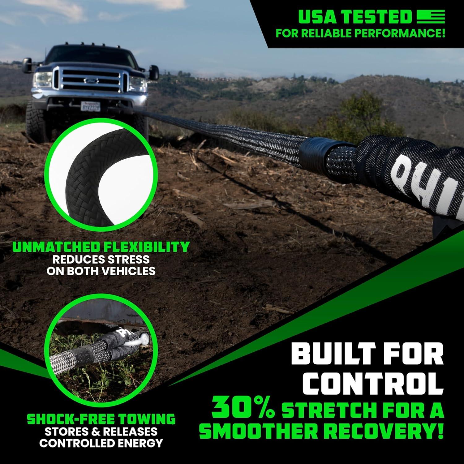 imageRhino USA Kinetic Recovery Tow Rope Heavy Duty Offroad Snatch Strap for UTV ATV Truck Car Tractor  Ultimate Elastic Straps Towing Gear  Backed for Life 1quot x 30 GreenBlack