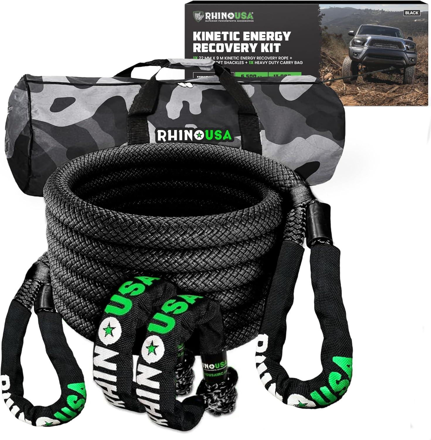 imageRhino USA Kinetic Rope Recovery Kit 78in x 30ft  Heavy Duty Offroad Snatch Strap  Includes 2 Soft Shackle for UTV ATV Truck Car Jeep TractorBlack  Kit