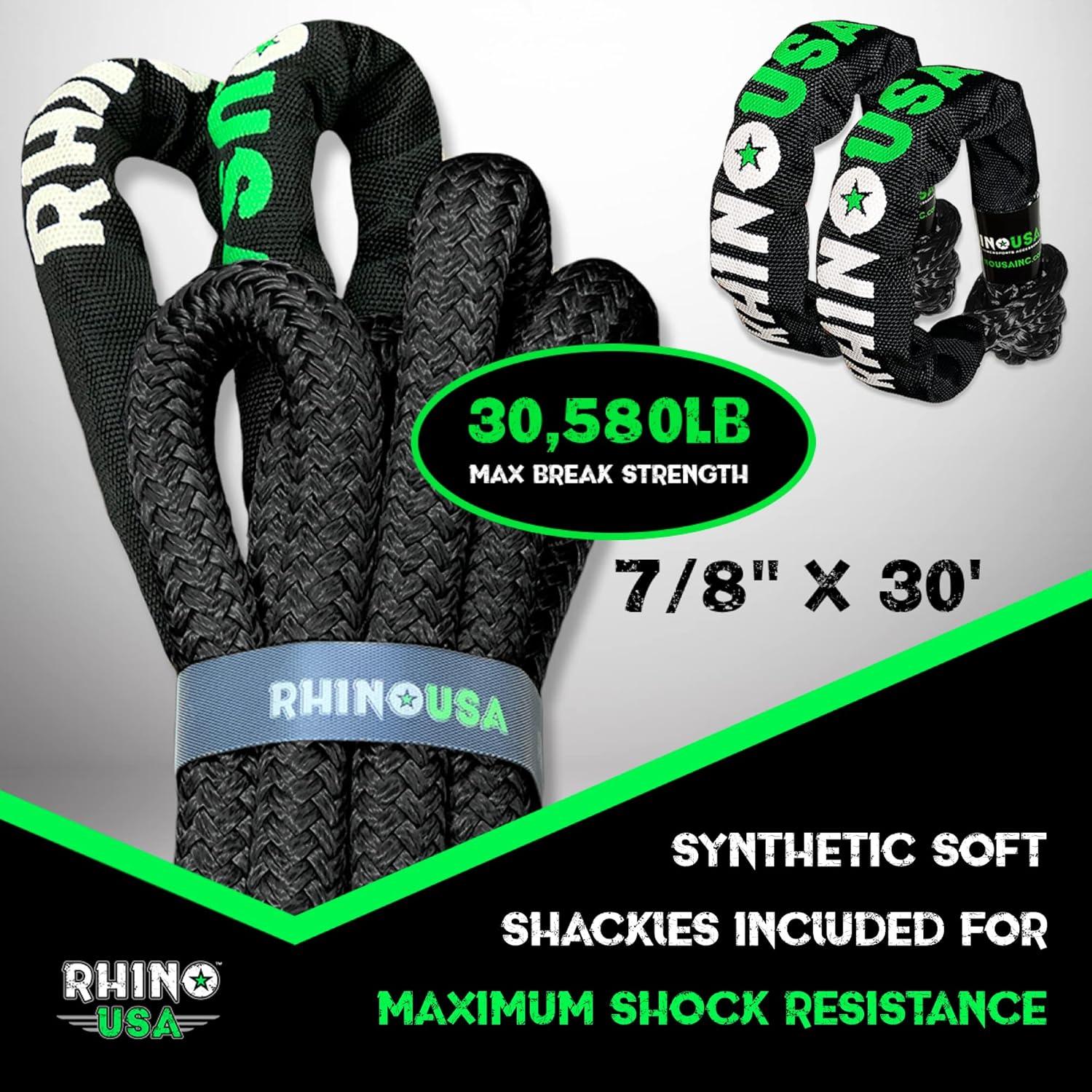 imageRhino USA Kinetic Rope Recovery Kit 78in x 30ft  Heavy Duty Offroad Snatch Strap  Includes 2 Soft Shackle for UTV ATV Truck Car Jeep TractorBlack  Kit