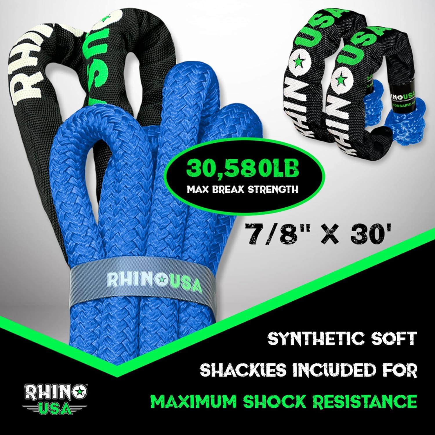 imageRhino USA Kinetic Rope Recovery Kit 78in x 30ft  Heavy Duty Offroad Snatch Strap  Includes 2 Soft Shackle for UTV ATV Truck Car Jeep TractorBlue  Kit