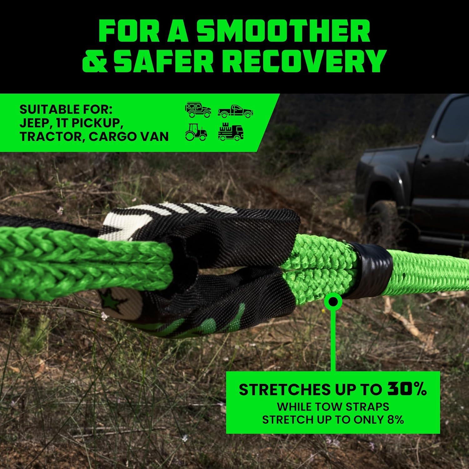 imageRhino USA Kinetic Rope Recovery Kit 78in x 30ft  Heavy Duty Offroad Snatch Strap  Includes 2 Soft Shackle for UTV ATV Truck Car Jeep TractorGreen  Kit