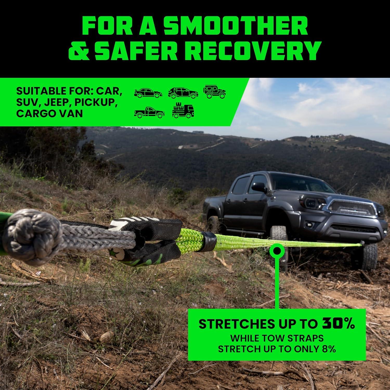 imageRhino USA Kinetic Rope Recovery Kit 78in x 30ft  Heavy Duty Offroad Snatch Strap  Includes 2 Soft Shackle for UTV ATV Truck Car Jeep TractorGreen  Kit