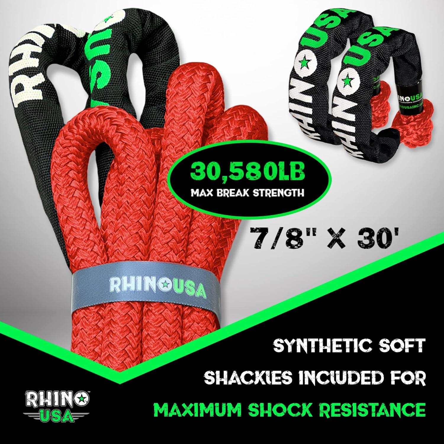 imageRhino USA Kinetic Rope Recovery Kit 78in x 30ft  Heavy Duty Offroad Snatch Strap  Includes 2 Soft Shackle for UTV ATV Truck Car Jeep TractorRed  Kit