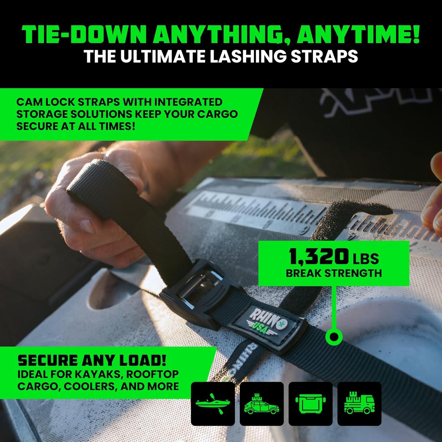 imageRhino USA Lashing Straps Cargo Tie Downs 4PK  1320lb lab Inspected Max Break Strength Includes 4 Heavy Duty 1in x 12ft Cam Buckle Pull Straps Best for Kayak Cooler CargoBlack