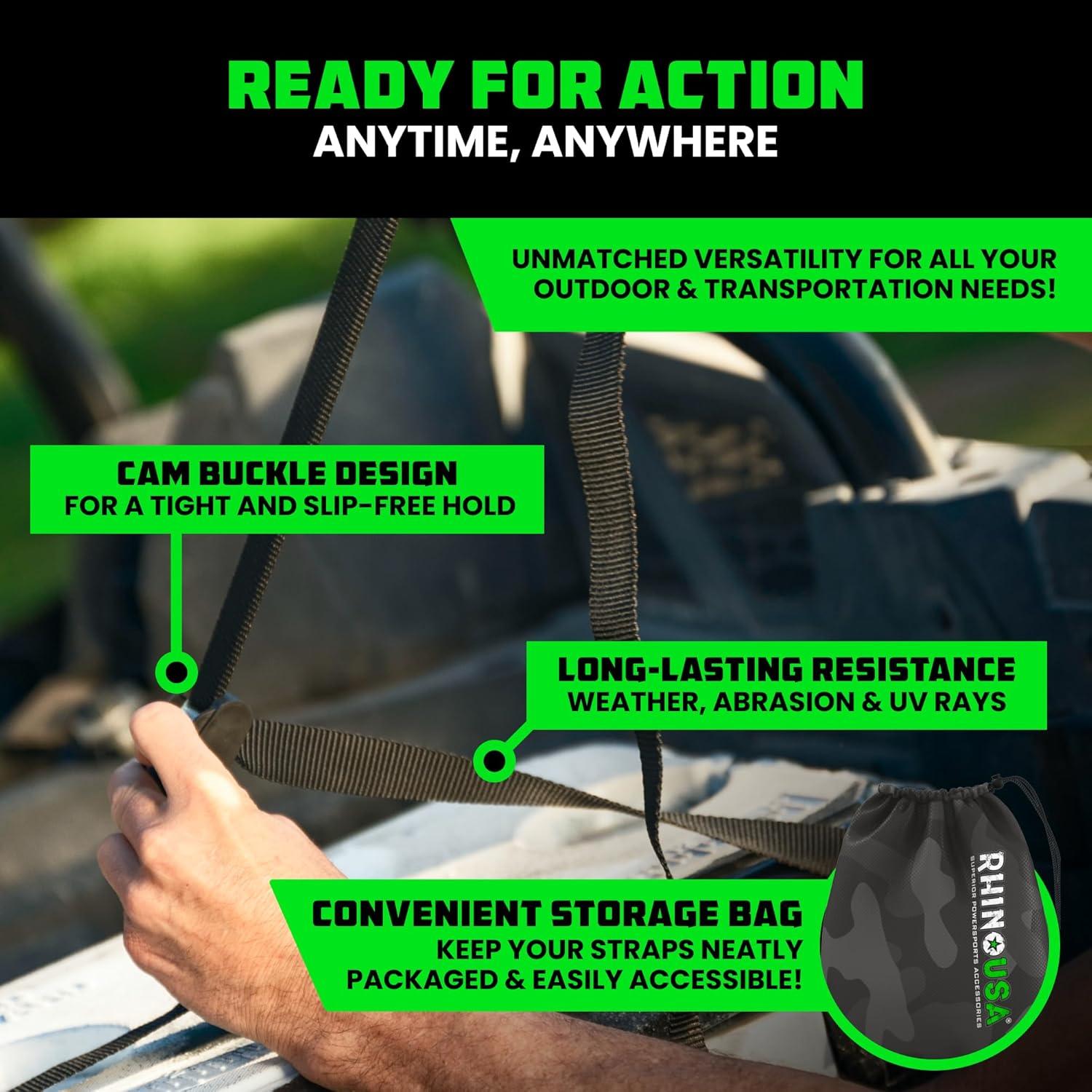 imageRhino USA Lashing Straps Cargo Tie Downs 4PK  1320lb lab Inspected Max Break Strength Includes 4 Heavy Duty 1in x 12ft Cam Buckle Pull Straps Best for Kayak Cooler CargoBlack