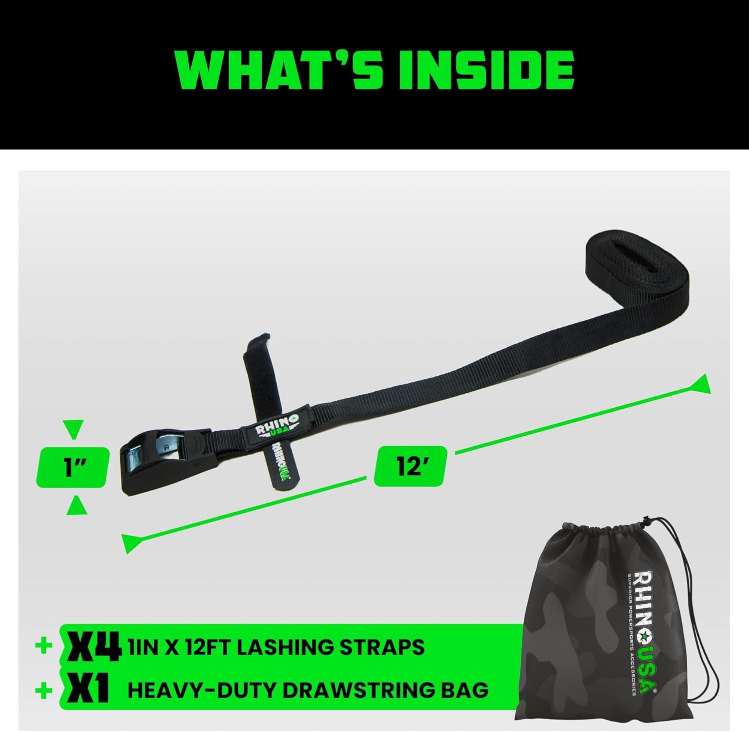 imageRhino USA Lashing Straps Cargo Tie Downs 4PK  1320lb lab Inspected Max Break Strength Includes 4 Heavy Duty 1in x 12ft Cam Buckle Pull Straps Best for Kayak Cooler CargoBlack