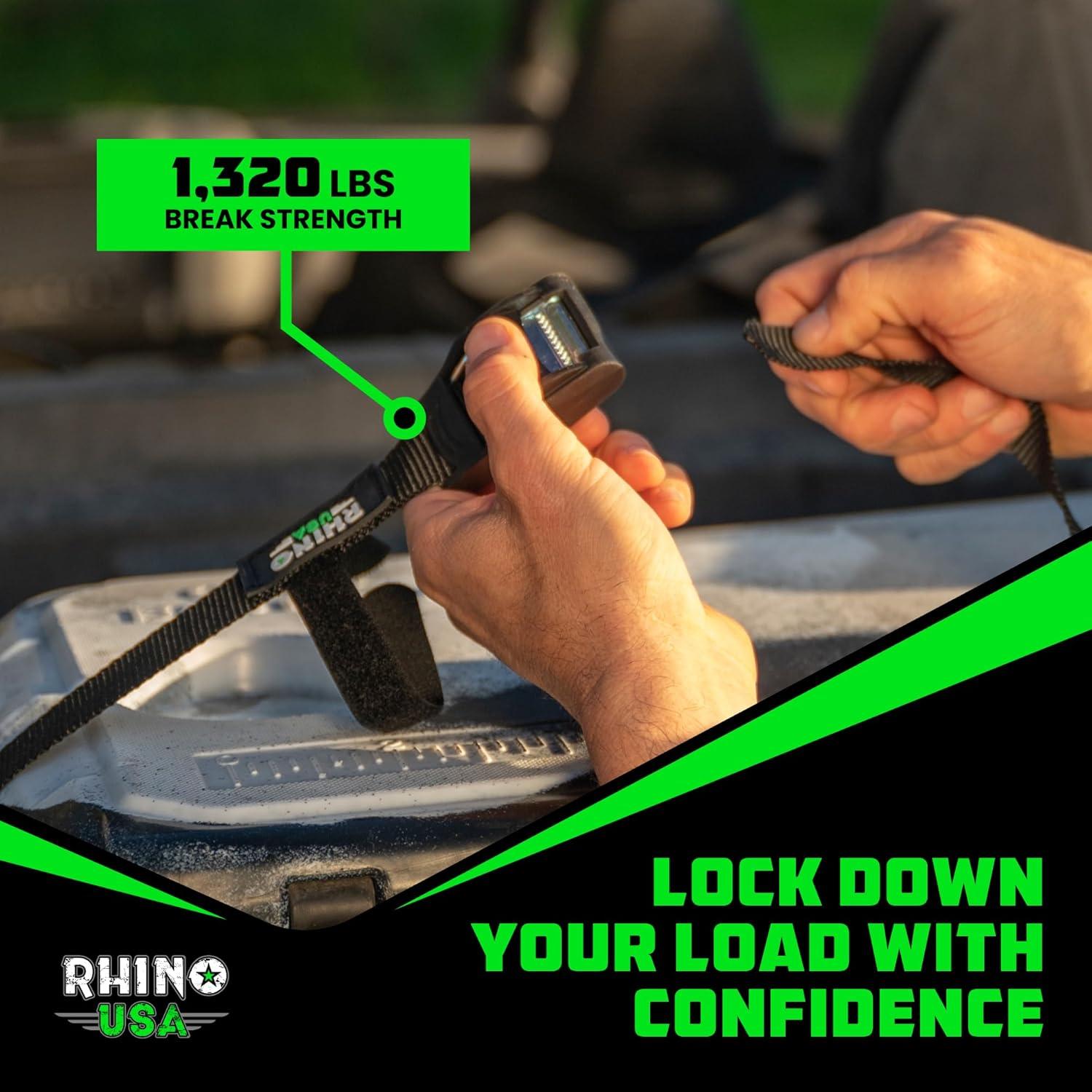imageRhino USA Lashing Straps Cargo Tie Downs 4PK  1320lb lab Inspected Max Break Strength Includes 4 Heavy Duty 1in x 12ft Cam Buckle Pull Straps Best for Kayak Cooler CargoBlack
