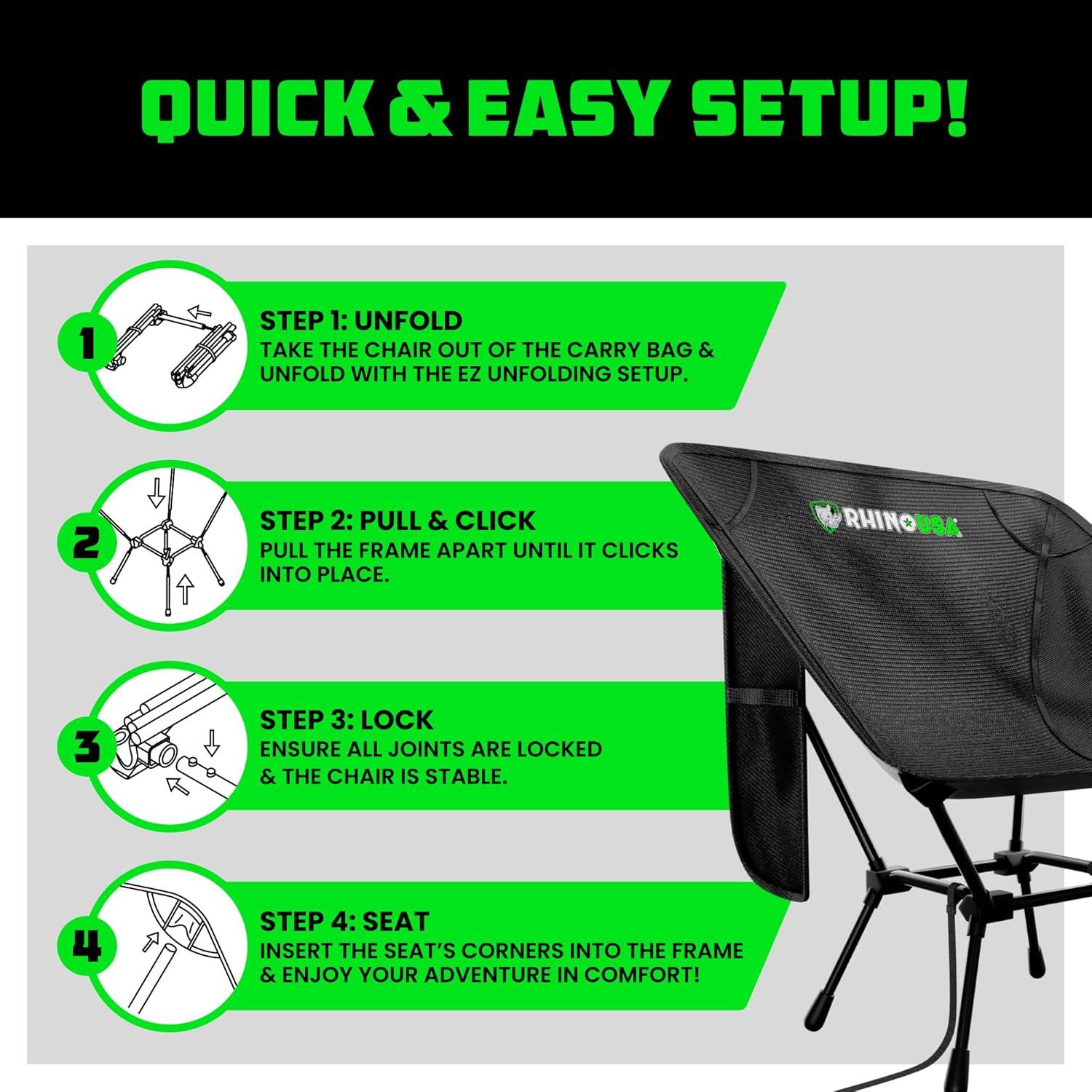 imageRhino USA Portable Camping Chair 400lbs Capacity  Collapsible Compact Lightweight Camp Chair for Backpacking Hiking ampamp Fishing  Small Foldable and Portable Camping Chairs for Adults and KidsBlack