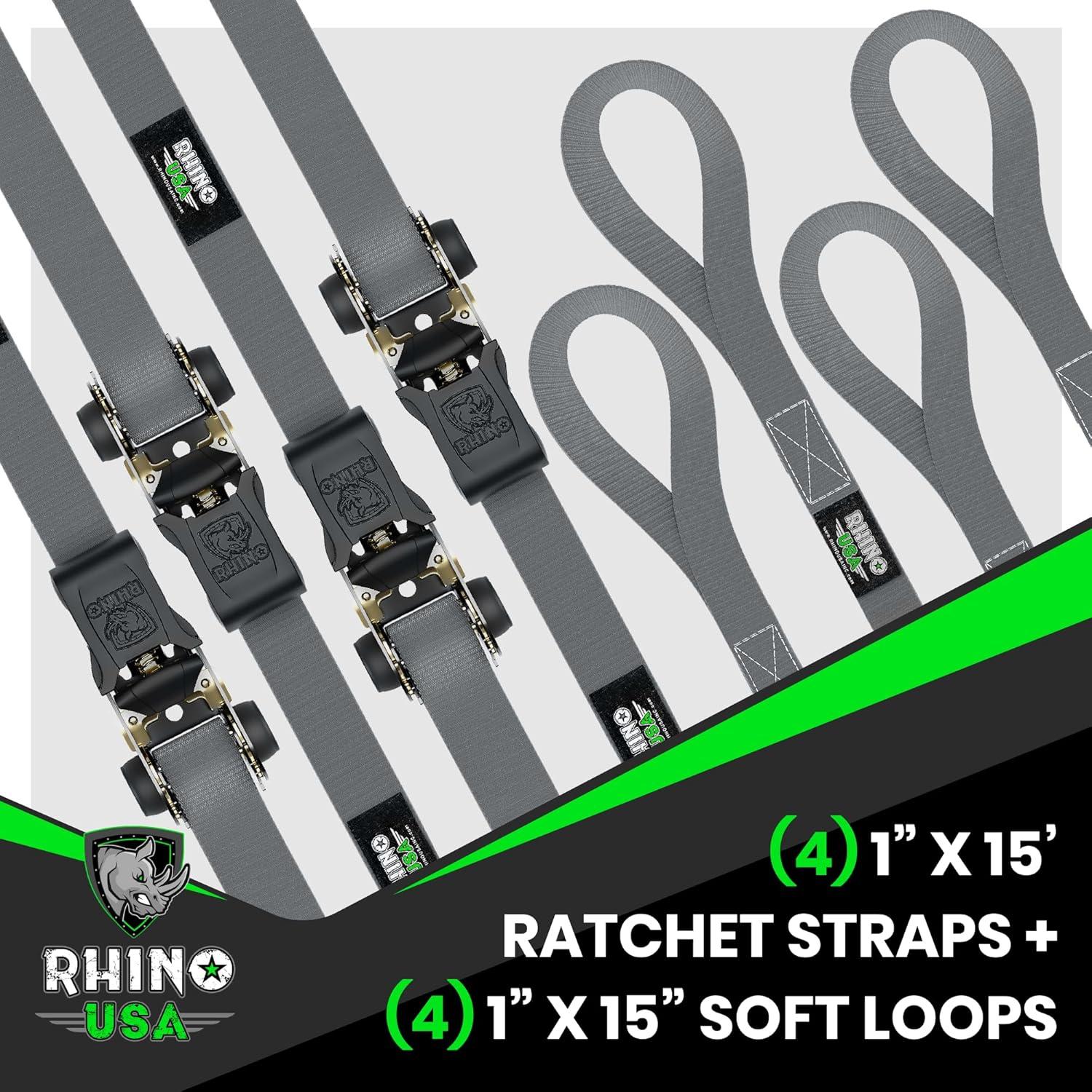imageRhino USA Ratchet Straps Tie Downs 4Pack  1 Inch x 15 Feet 1823lb Break Strength  Ultimate Tie Down Straps with Safety S Hooks  for Trucks Cargo Moving Appliances  BlueGray