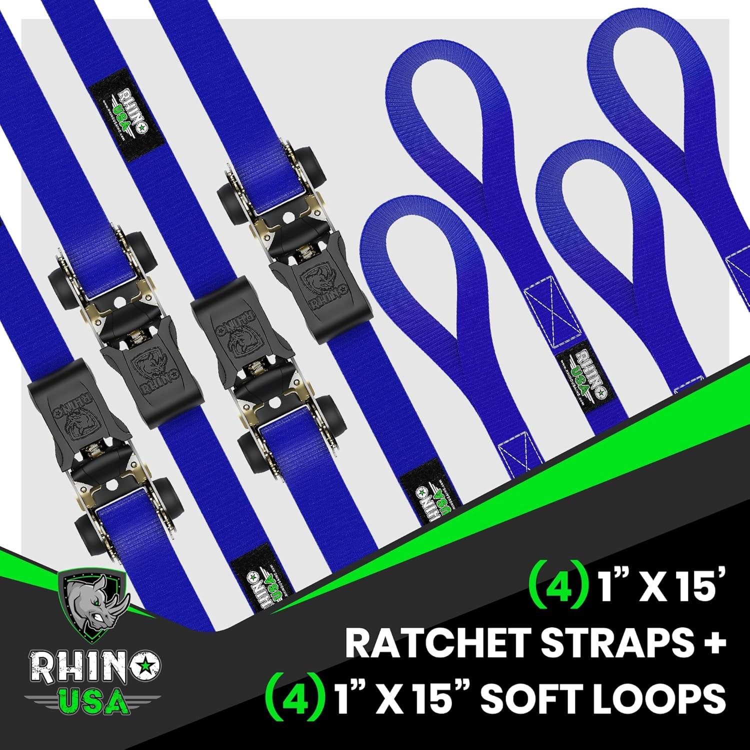 imageRhino USA Ratchet Straps Tie Downs 4Pack  1 Inch x 15 Feet 1823lb Break Strength  Ultimate Tie Down Straps with Safety S Hooks  for Trucks Cargo Moving Appliances  BlueBlue