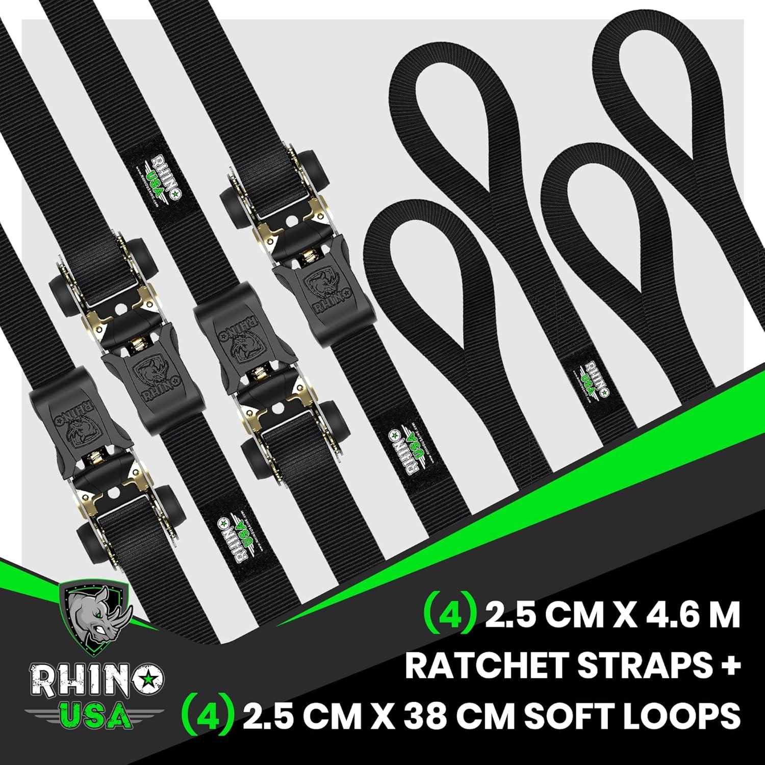 imageRhino USA Ratchet Straps Tie Downs 4Pack  1 Inch x 15 Feet 1823lb Break Strength  Ultimate Tie Down Straps with Safety S Hooks  for Trucks Cargo Moving Appliances  BlueBlack