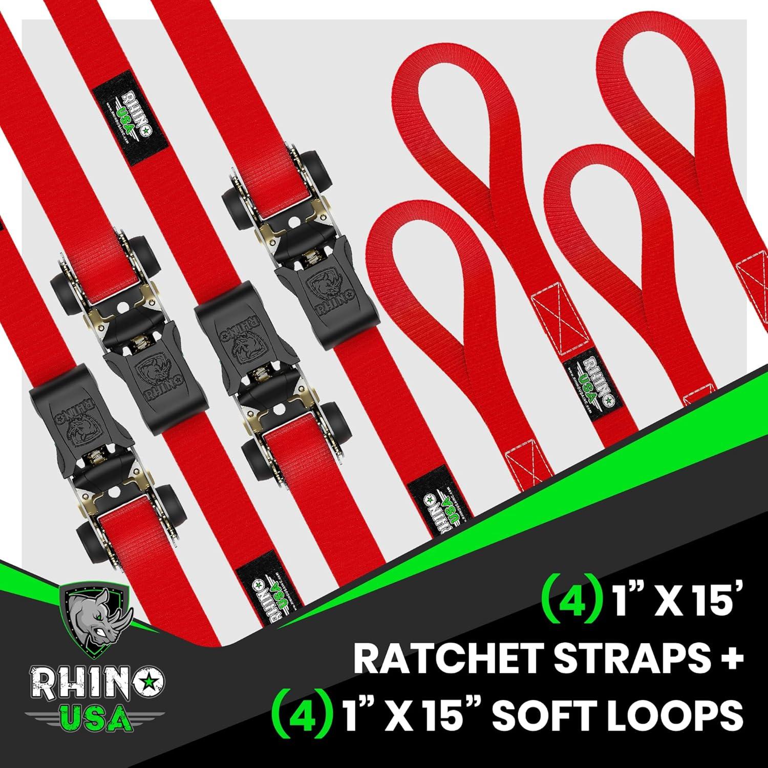 imageRhino USA Ratchet Straps Tie Downs 4Pack  1 Inch x 15 Feet 1823lb Break Strength  Ultimate Tie Down Straps with Safety S Hooks  for Trucks Cargo Moving Appliances  BlueRed