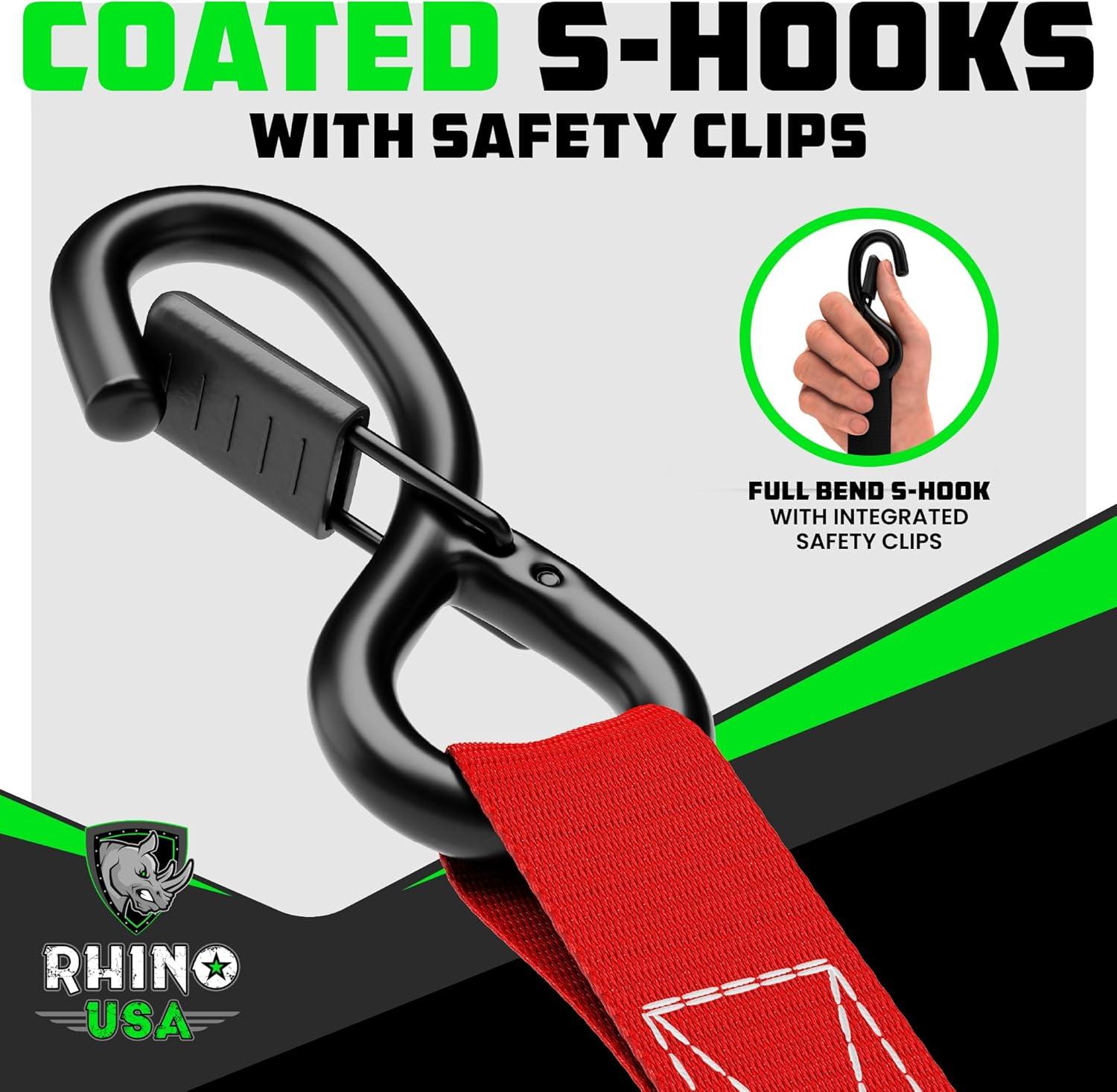 imageRhino USA Ratchet Straps Tie Downs 4Pack  1 Inch x 15 Feet 1823lb Break Strength  Ultimate Tie Down Straps with Safety S Hooks  for Trucks Cargo Moving Appliances  BlueRed