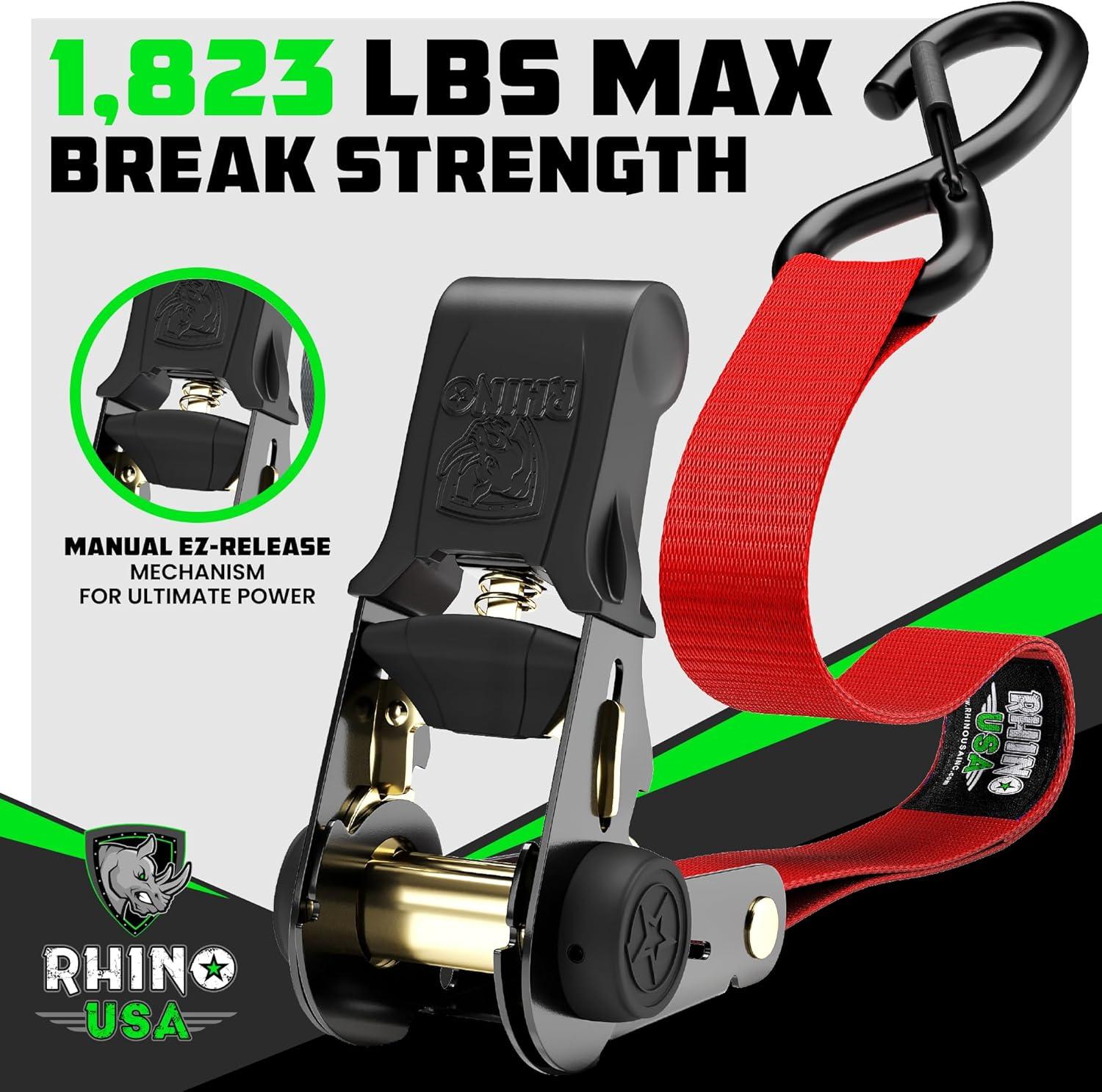 imageRhino USA Ratchet Straps Tie Downs 4Pack  1 Inch x 15 Feet 1823lb Break Strength  Ultimate Tie Down Straps with Safety S Hooks  for Trucks Cargo Moving Appliances  BlueRed