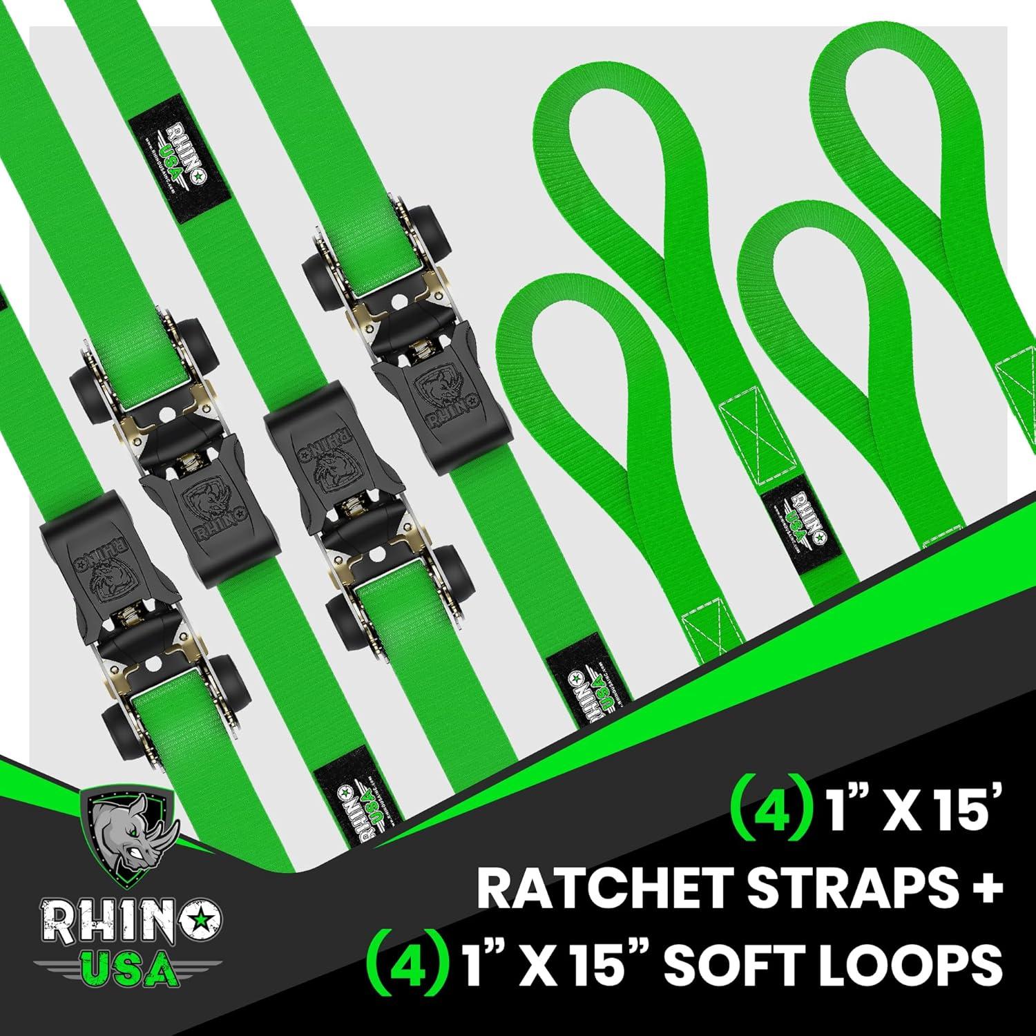 imageRhino USA Ratchet Straps Tie Downs 4Pack  1 Inch x 15 Feet 1823lb Break Strength  Ultimate Tie Down Straps with Safety S Hooks  for Trucks Cargo Moving Appliances  BlueGreen